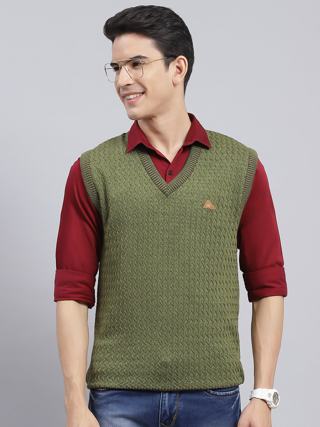 Men Green Self Design Pure wool Sweater