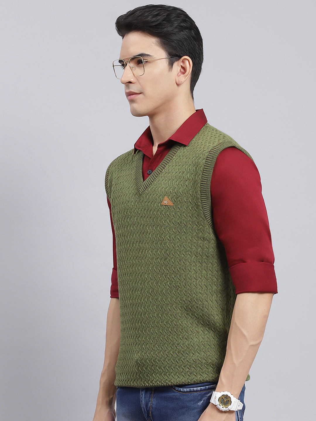 Men Green Self Design Pure wool Sweater