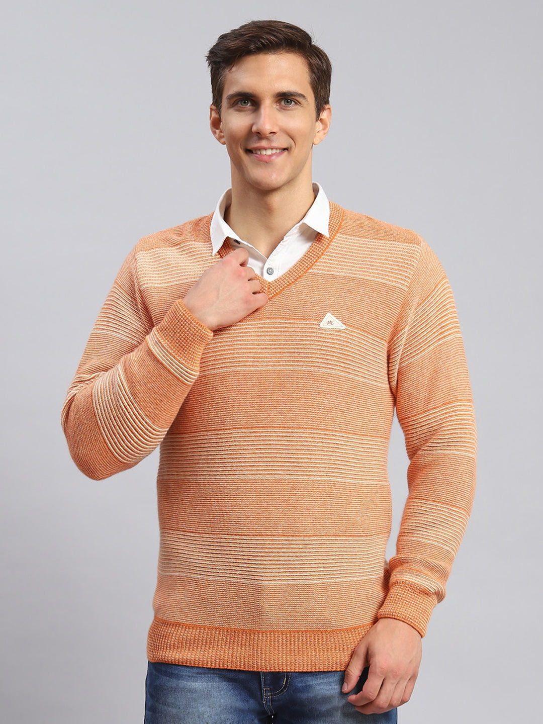 Men Orange Jaquard Lamb wool Pullover