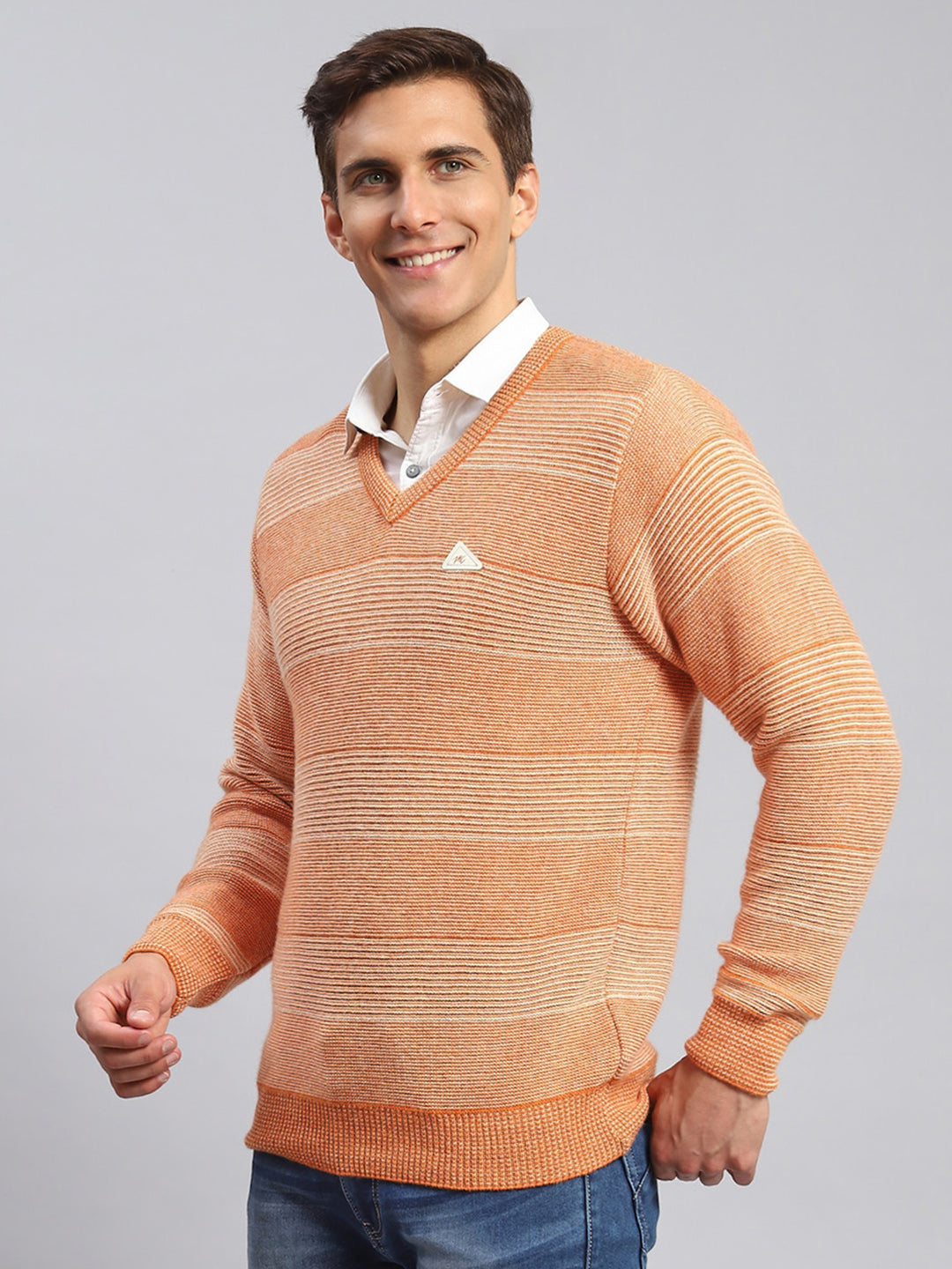 Men Orange Jaquard Lamb wool Pullover