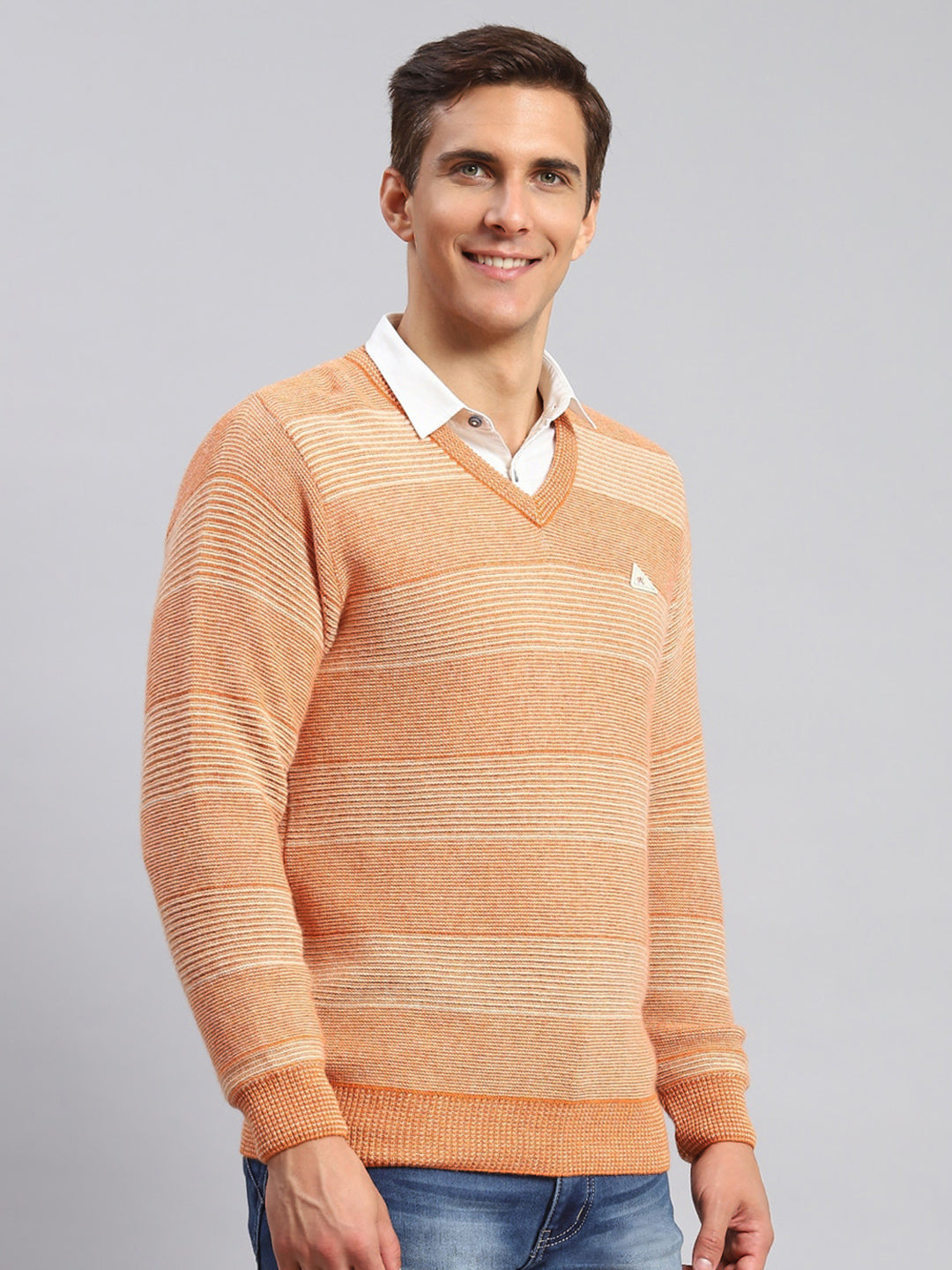 Men Orange Jaquard Lamb wool Pullover