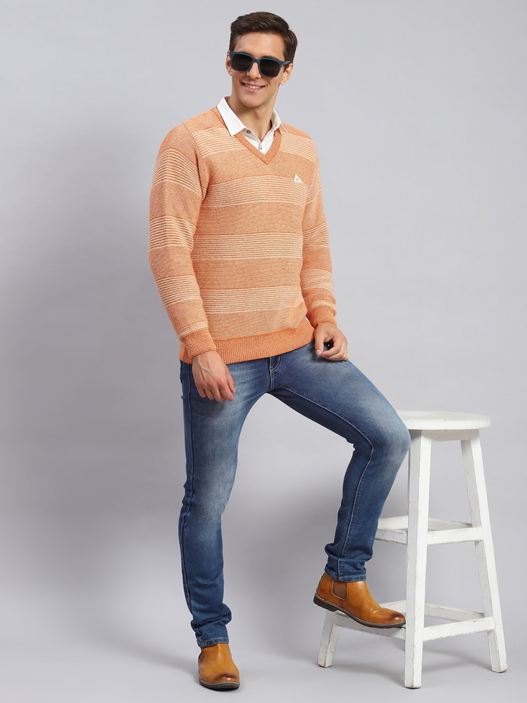 Men Orange Jaquard Lamb wool Pullover