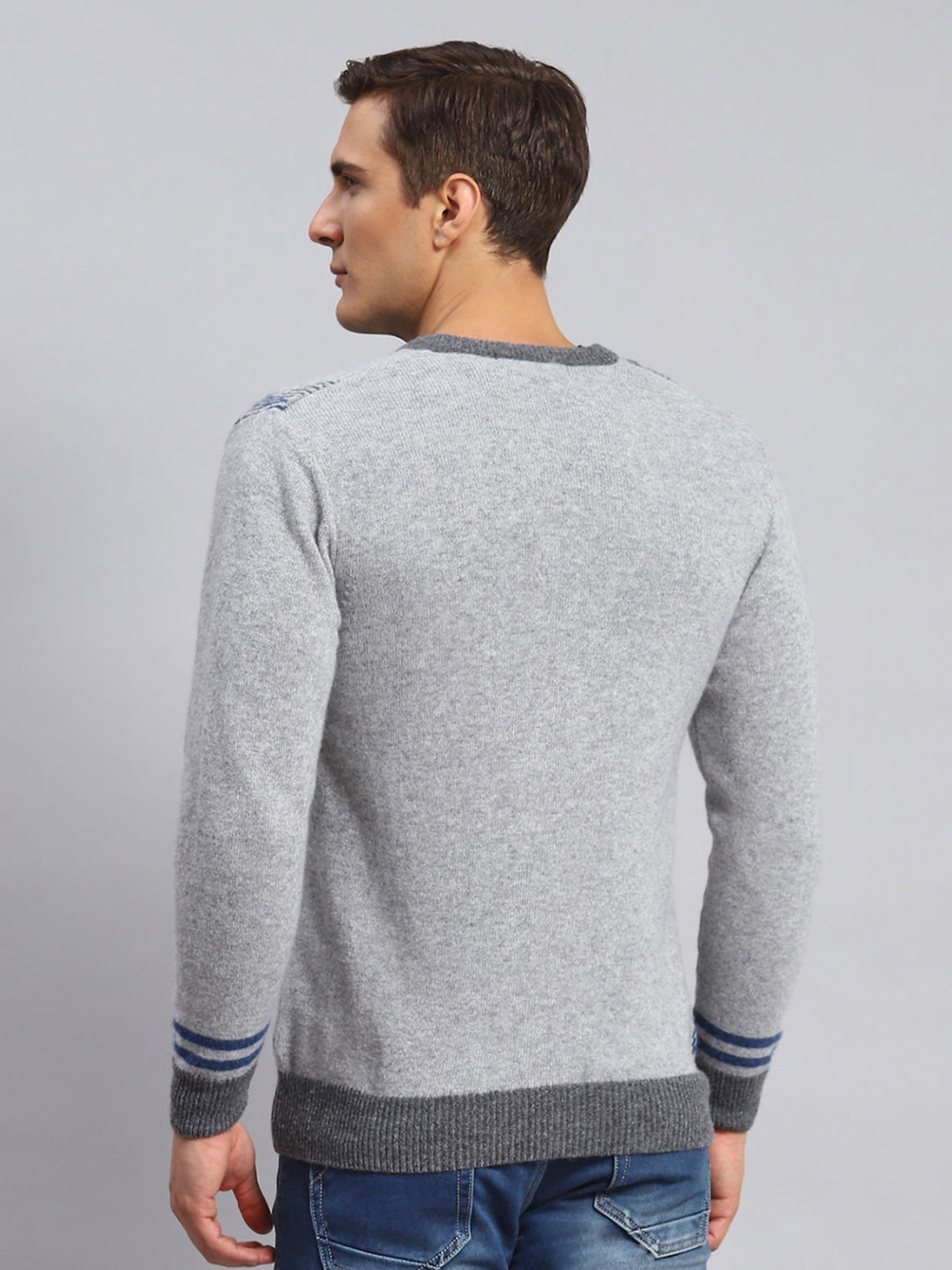 Men Grey Self Design Lamb wool Pullover