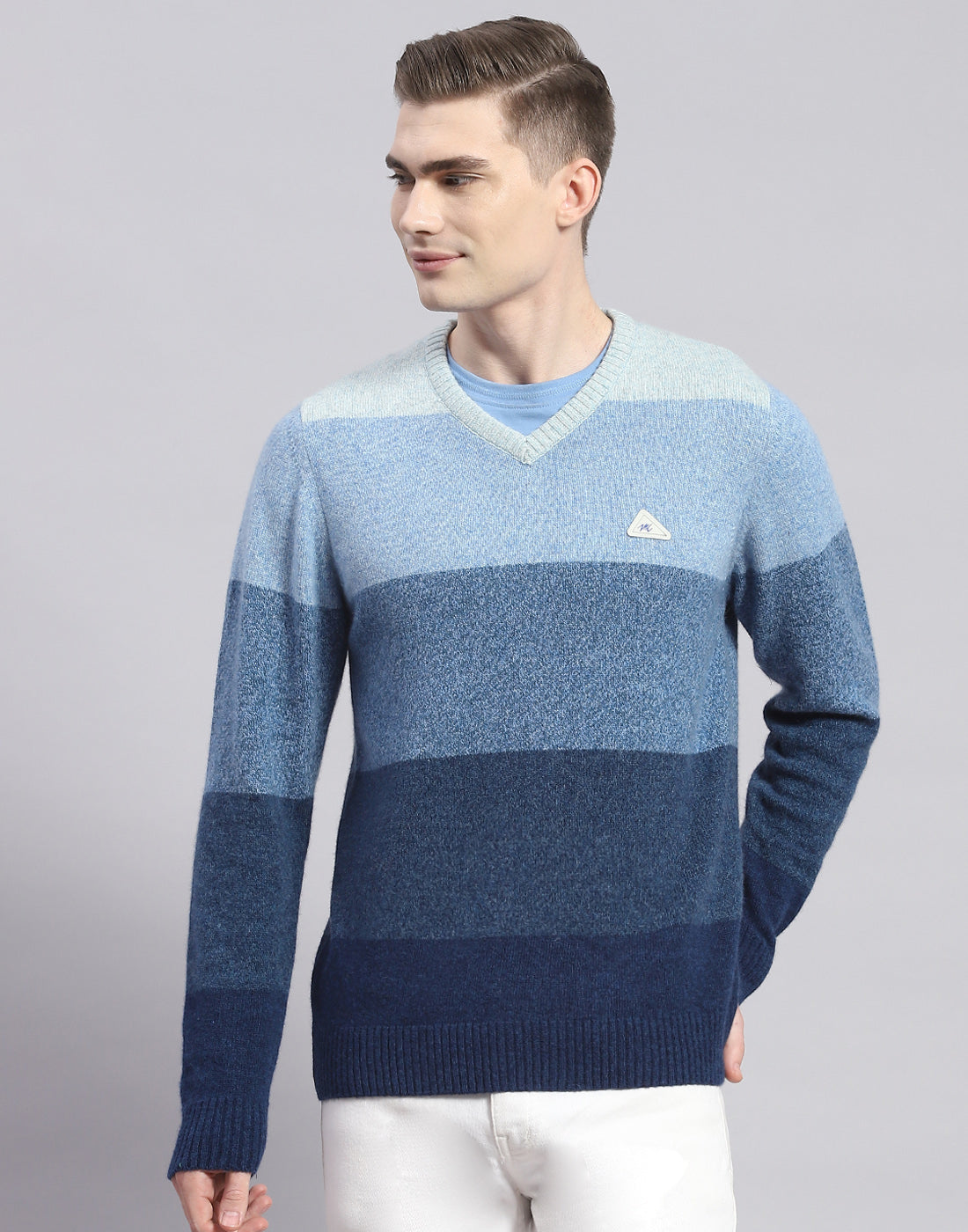 Men Blue Stripe V Neck Full Sleeve Pullover