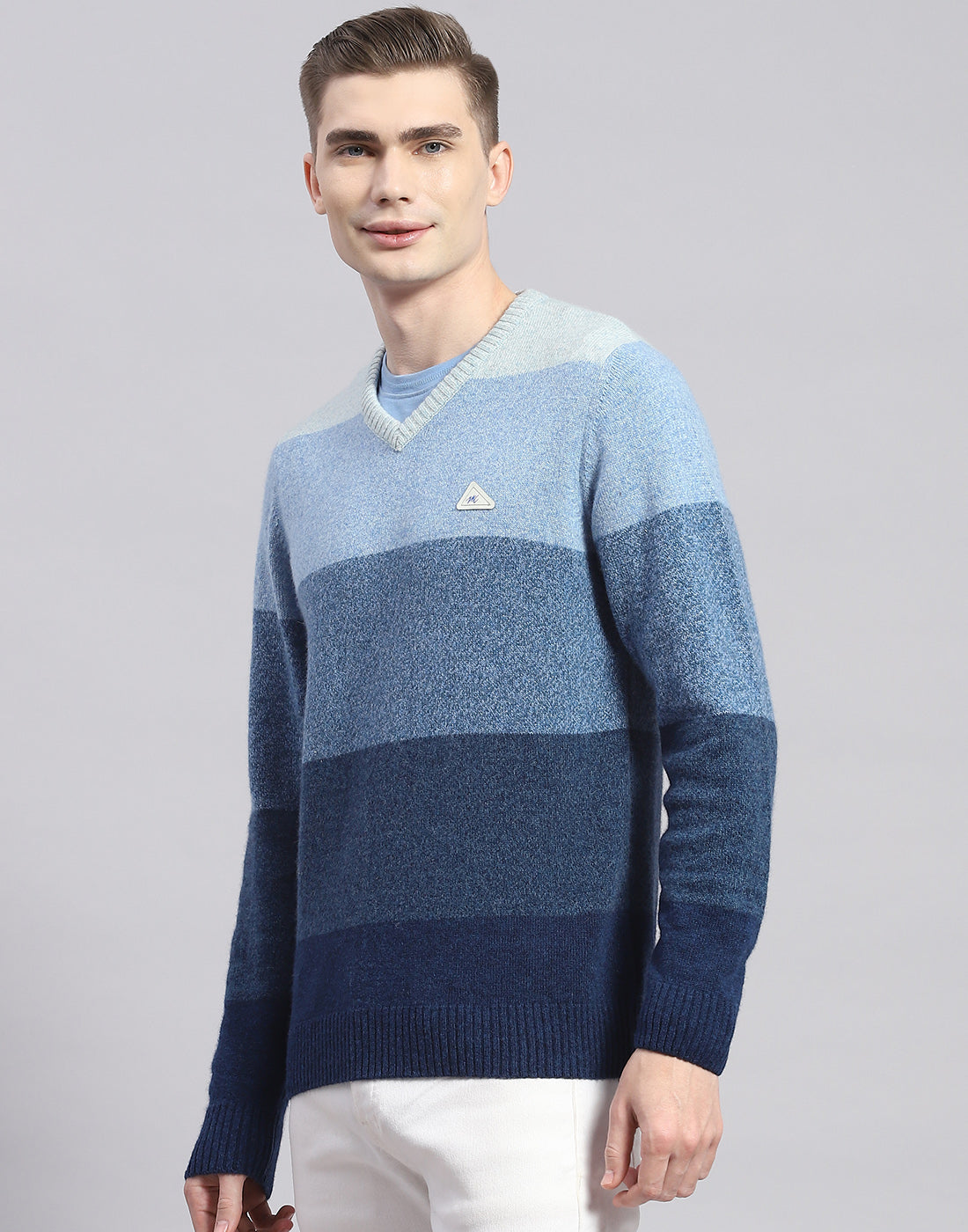 Men Blue Stripe V Neck Full Sleeve Pullover