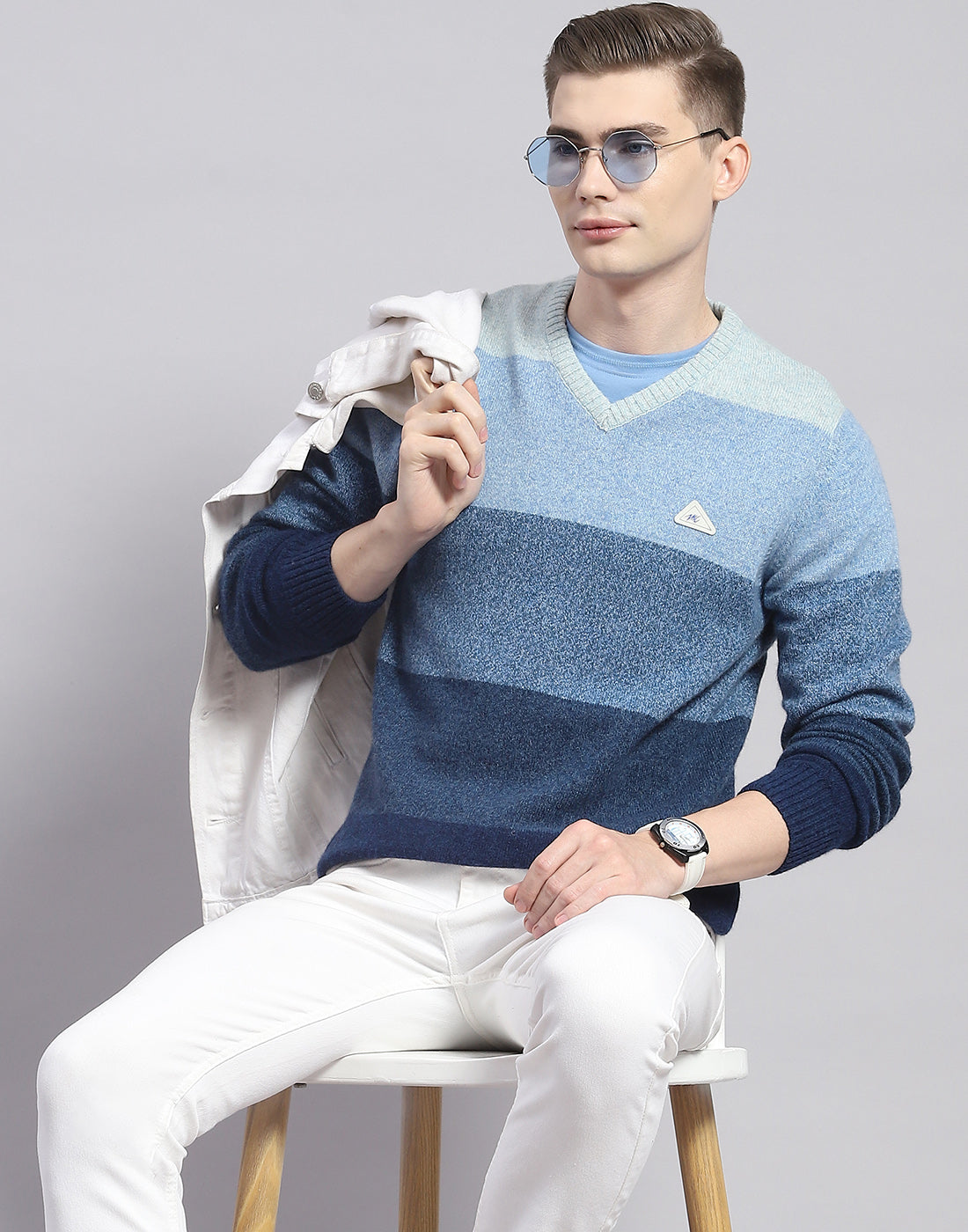 Men Blue Stripe V Neck Full Sleeve Pullover