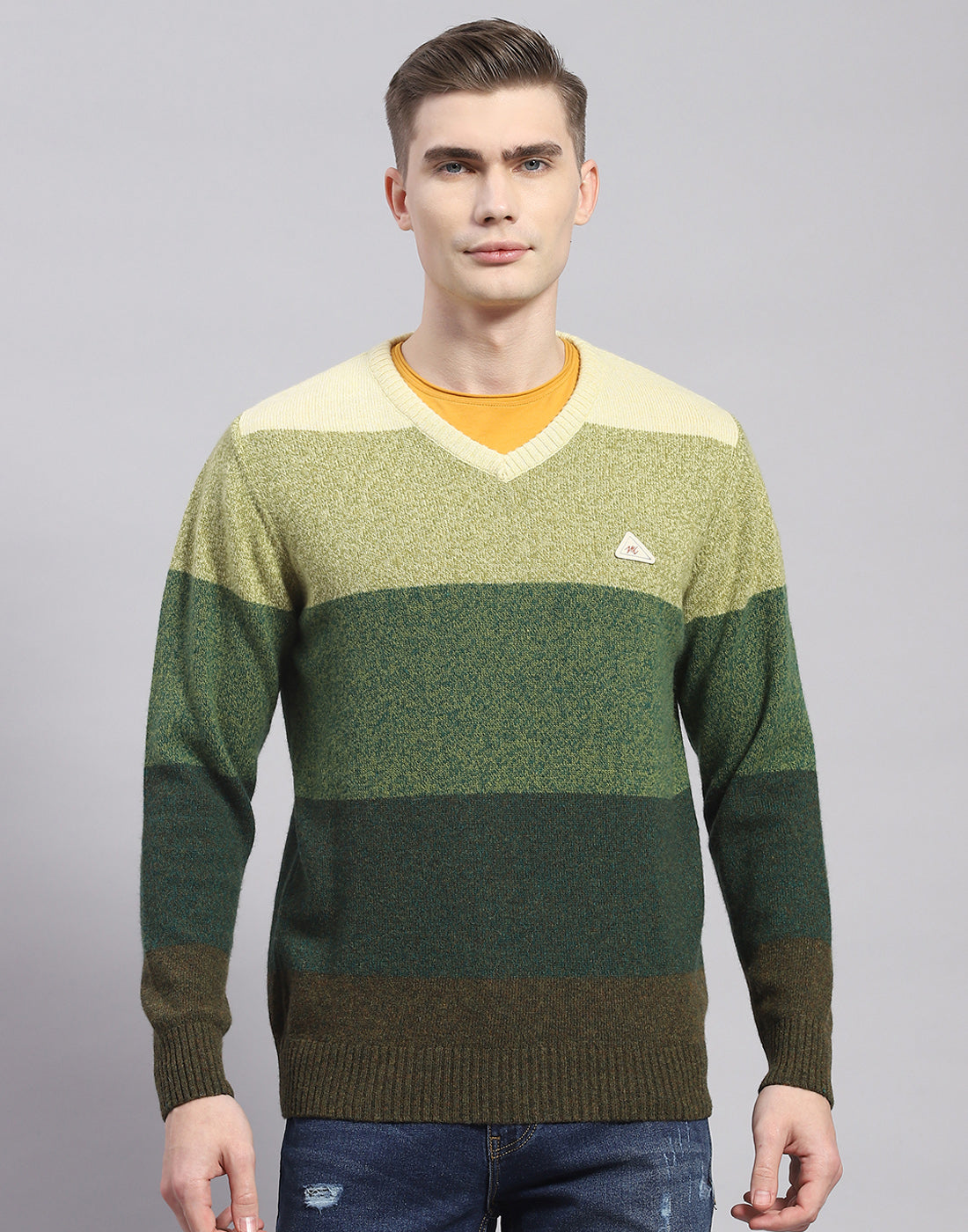 Men Green Stripe V Neck Full Sleeve Pullover