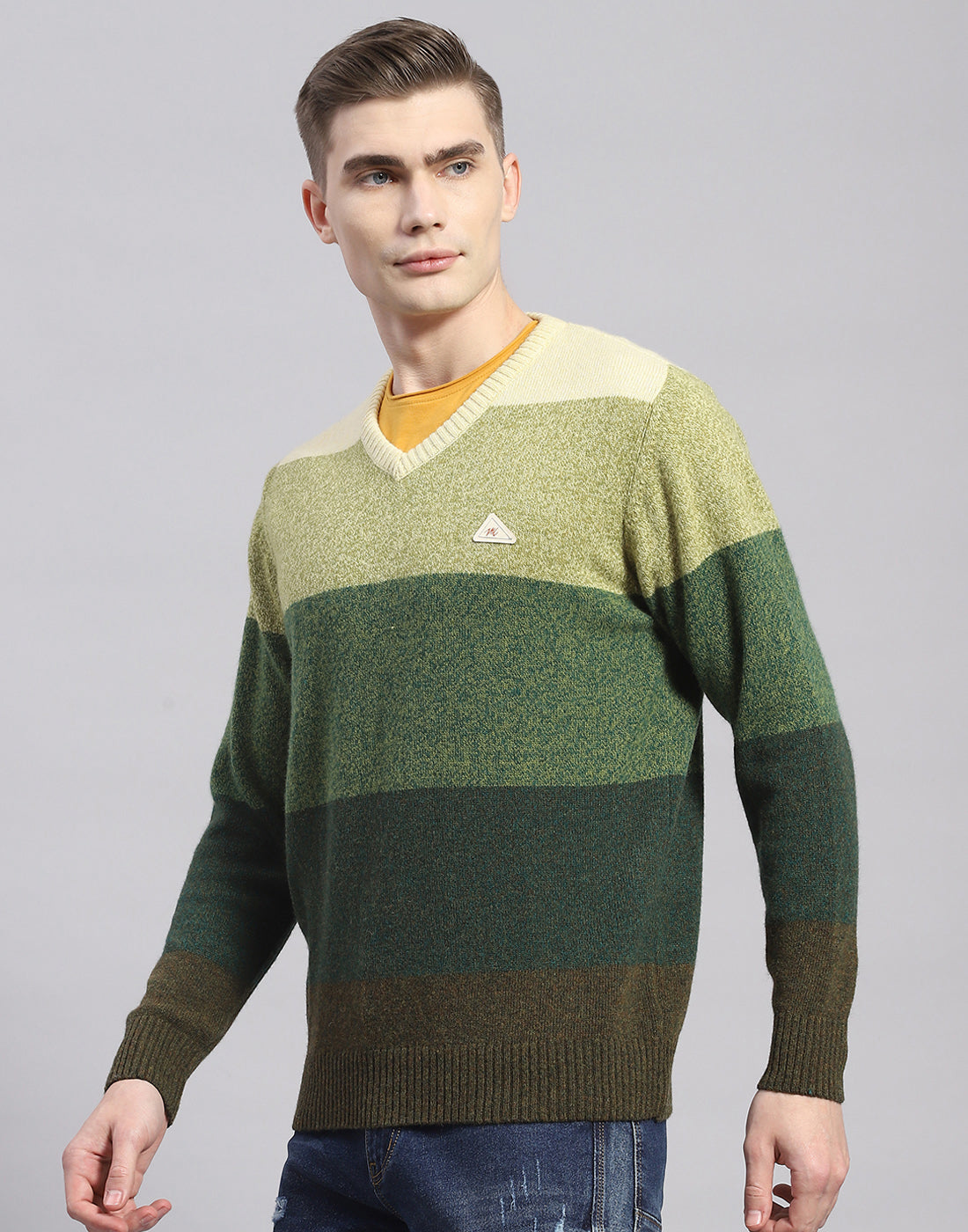 Men Green Stripe V Neck Full Sleeve Pullover