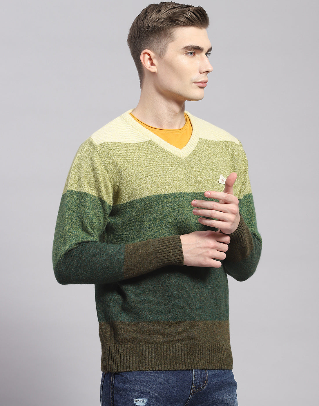 Men Green Stripe V Neck Full Sleeve Pullover