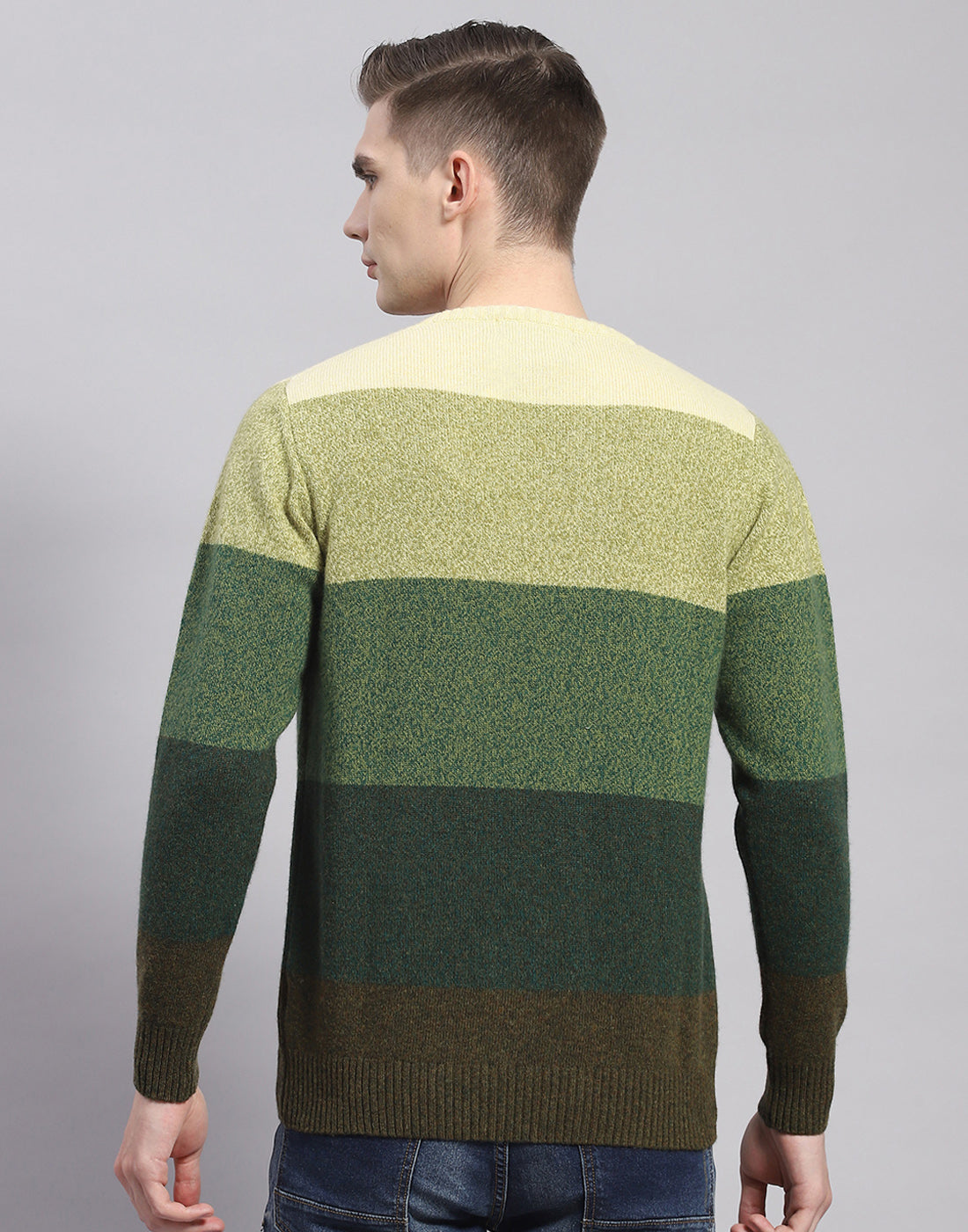 Men Green Stripe V Neck Full Sleeve Pullover