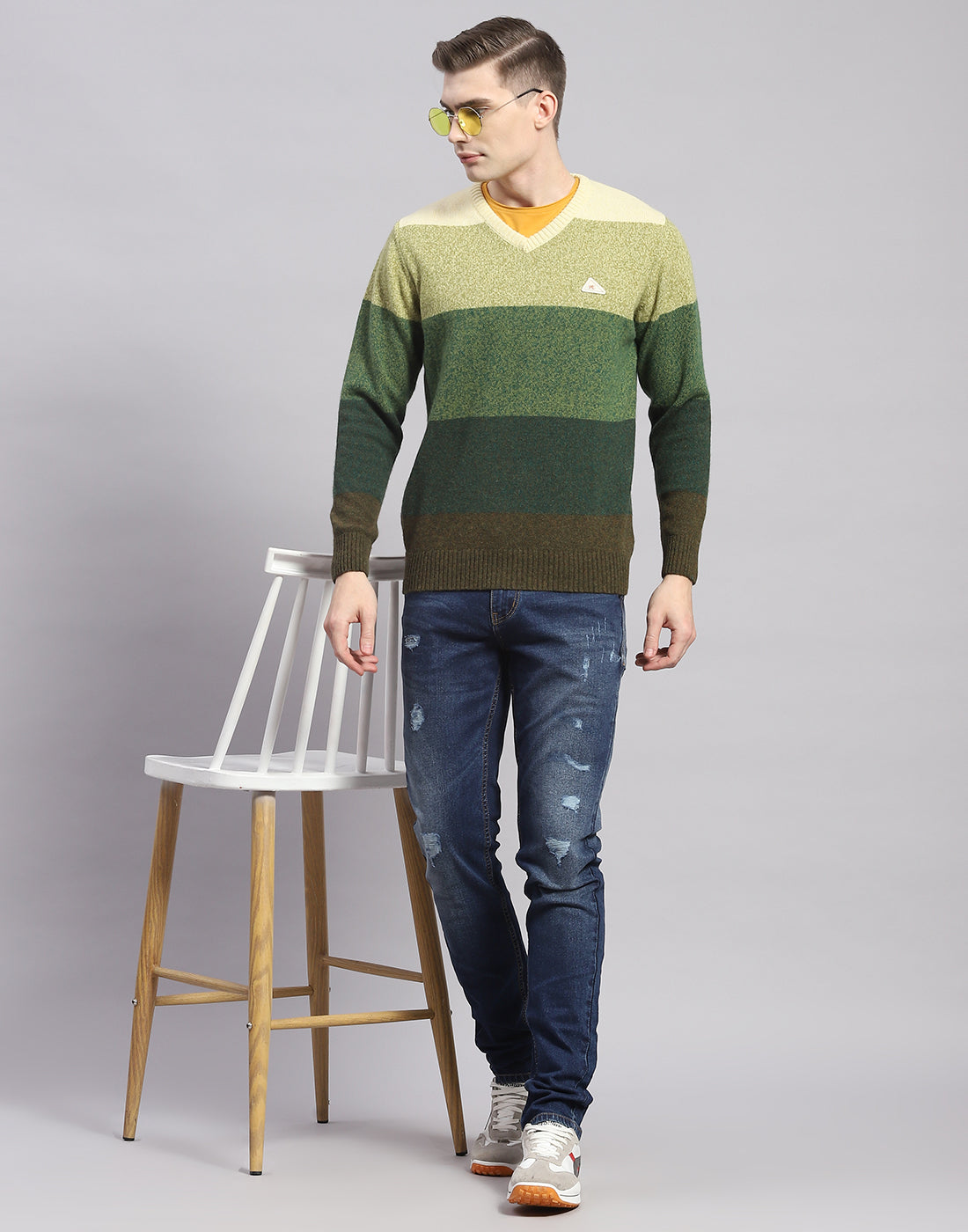 Men Green Stripe V Neck Full Sleeve Pullover