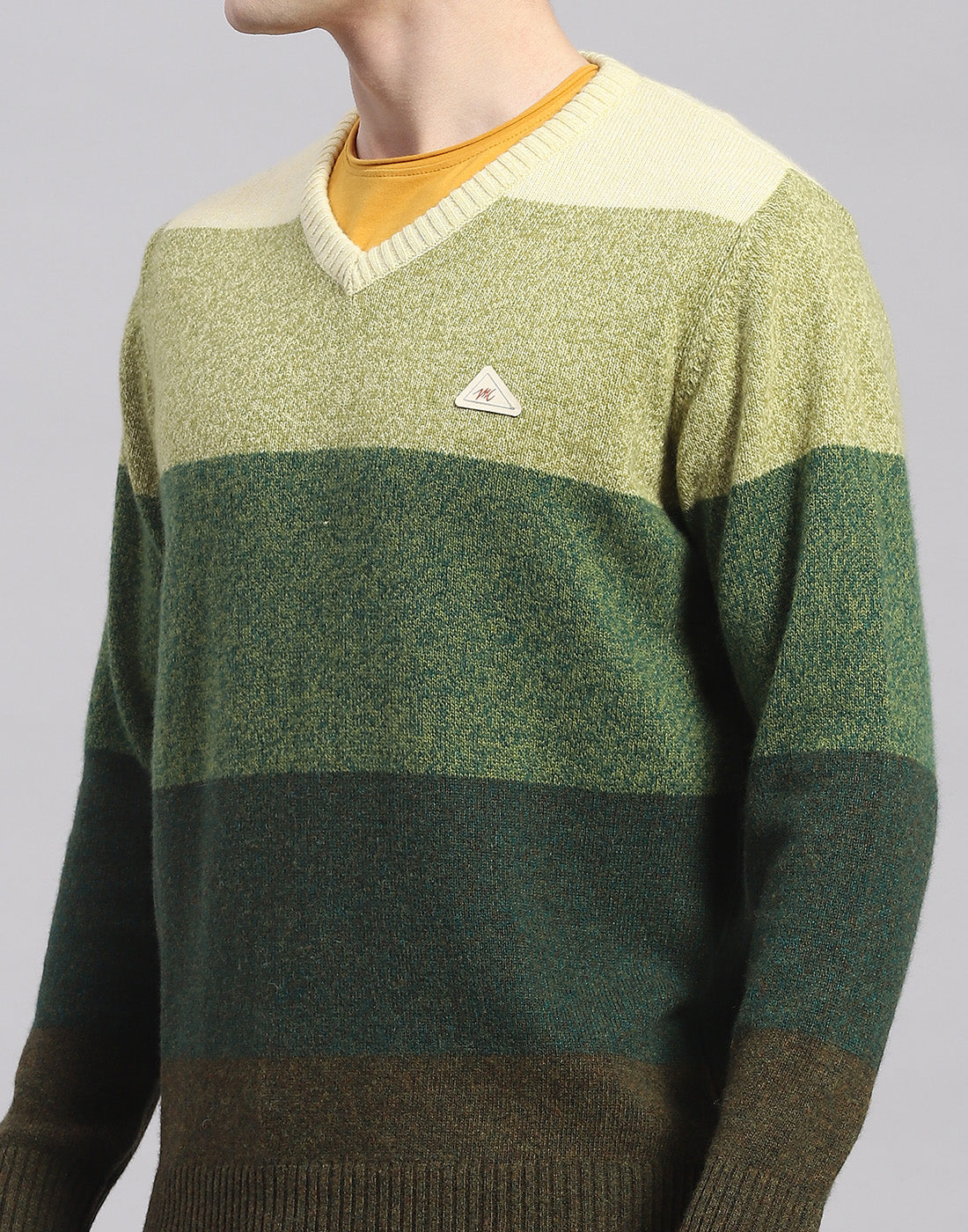 Men Green Stripe V Neck Full Sleeve Pullover