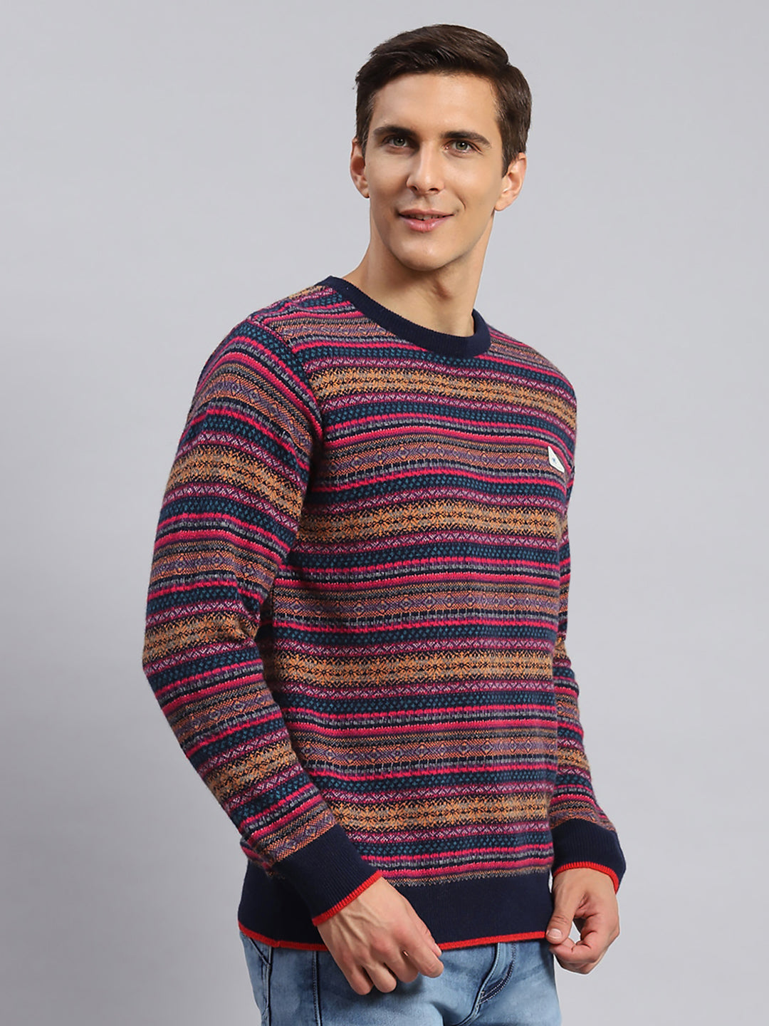 Men Navy Blue Jaquard Lamb wool Pullover