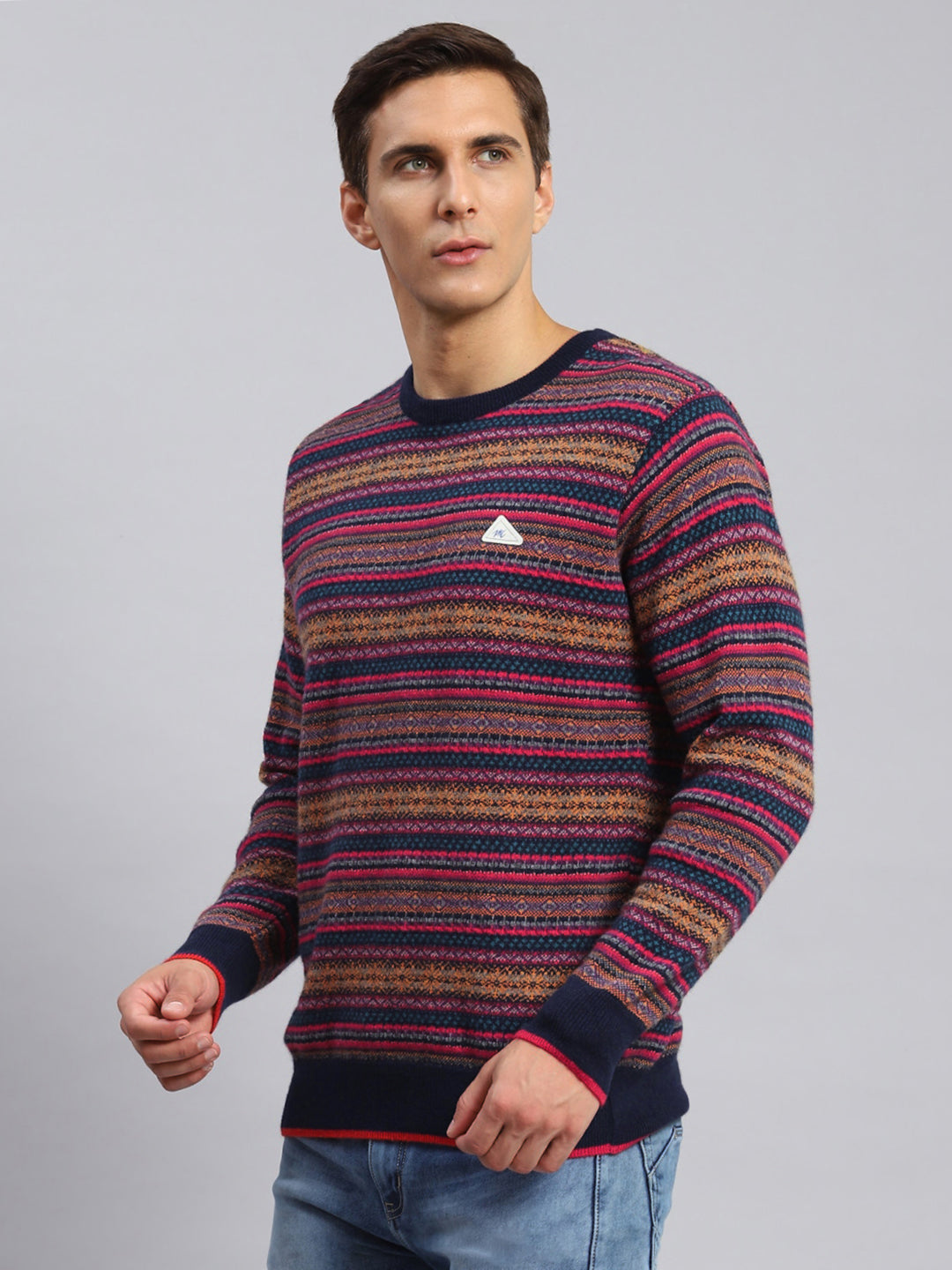 Men Navy Blue Jaquard Lamb wool Pullover