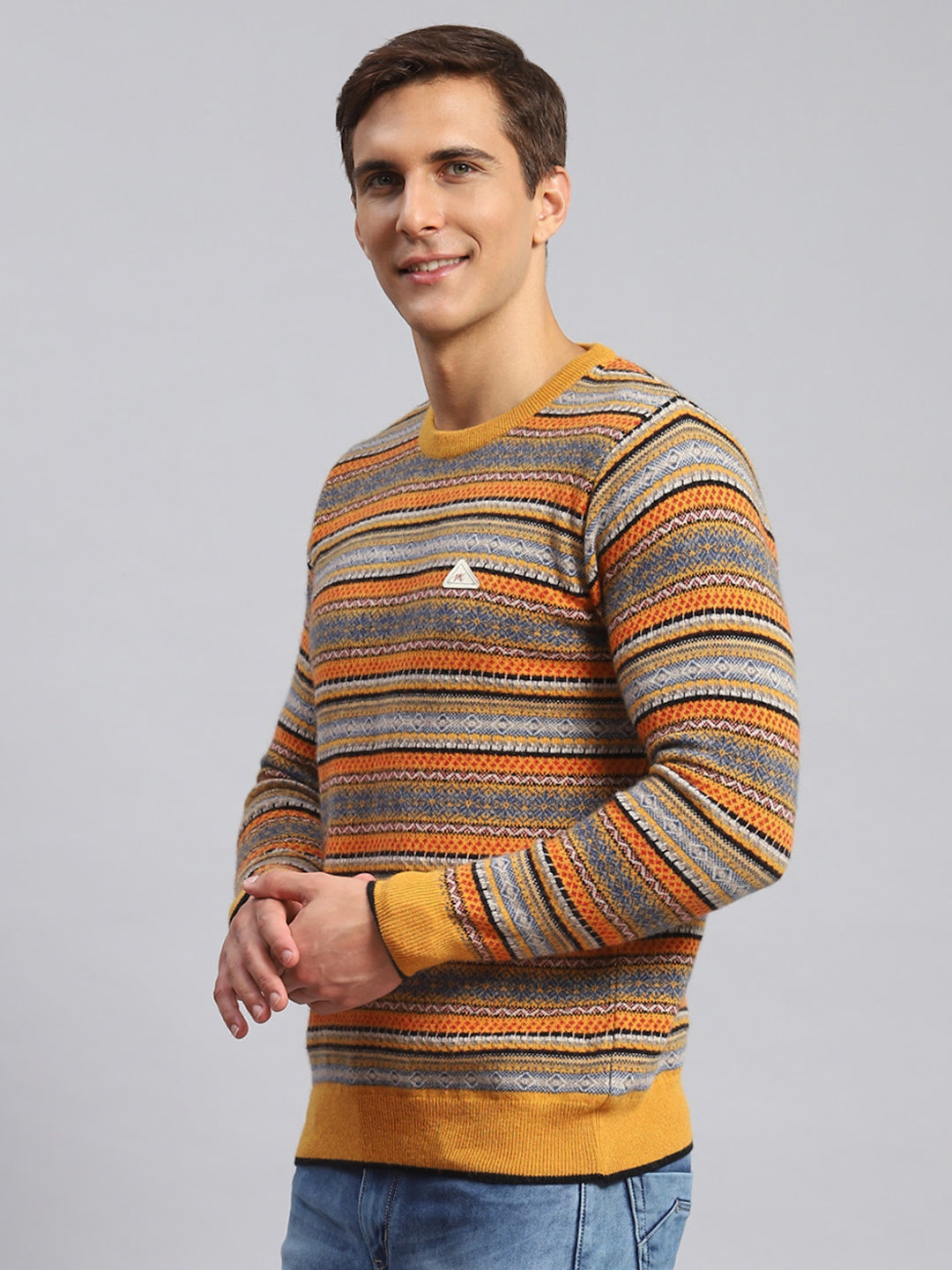 Men Mustard Jaquard Lamb wool Pullover