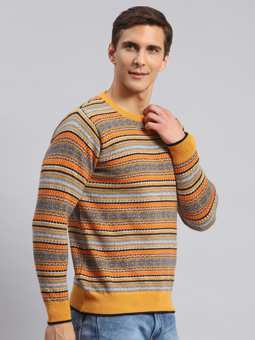 Men Mustard Jaquard Lamb wool Pullover