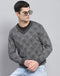 Men Grey Self Design V Neck Full Sleeve Pullover