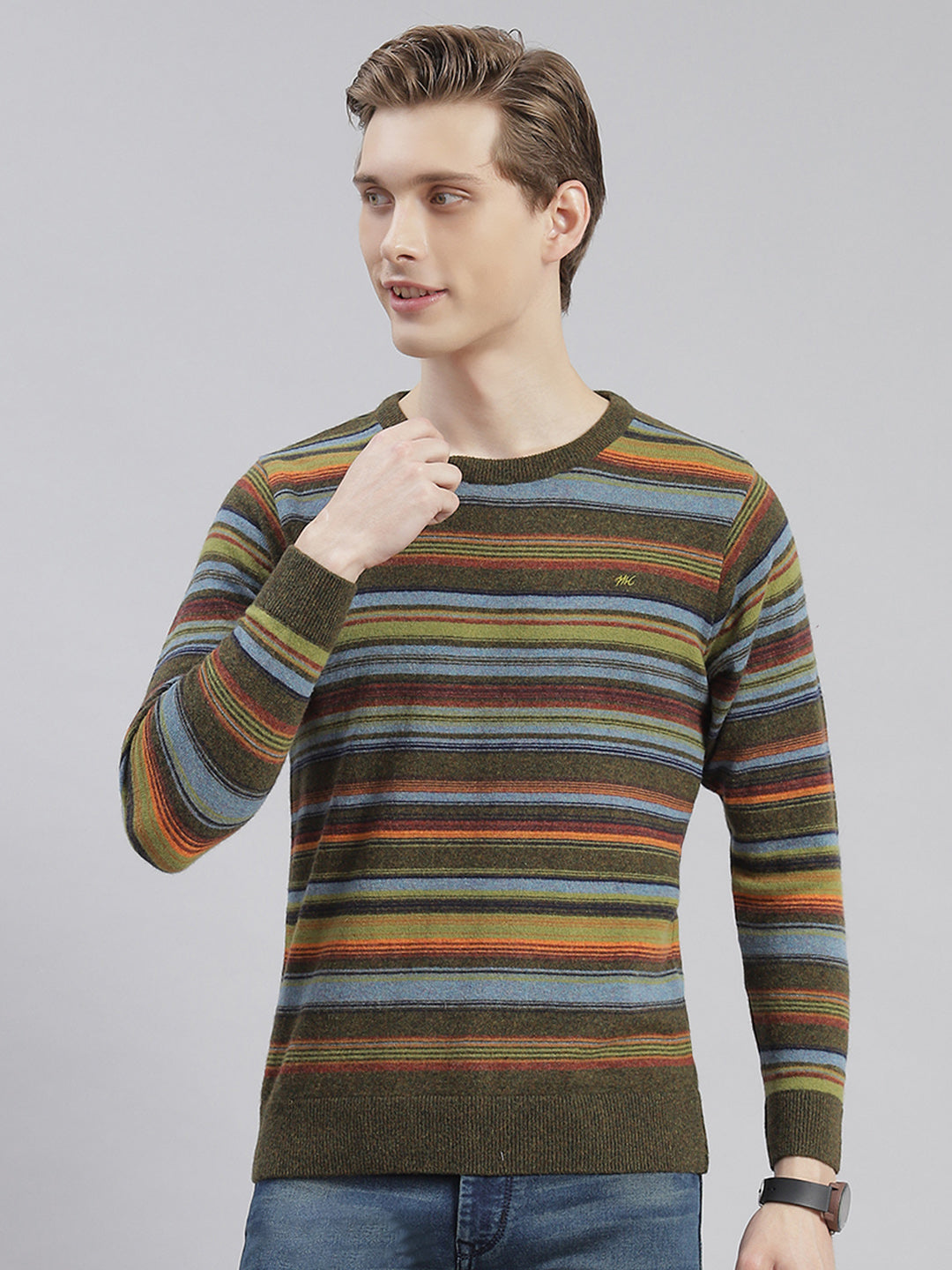 Men Olive Stripe Round Neck Full Sleeve Sweaters/Pullovers