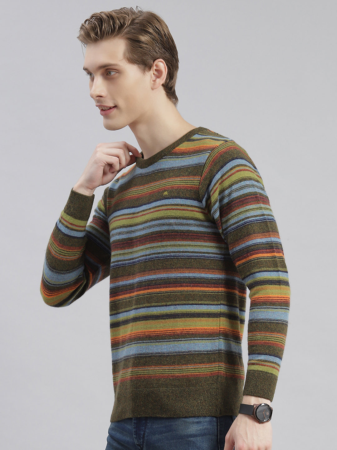 Men Olive Stripe Round Neck Full Sleeve Sweaters/Pullovers