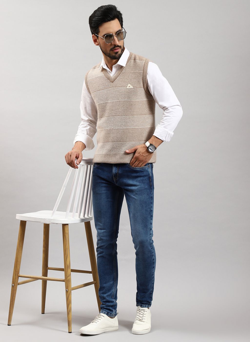 Men Off White Jaquard Lamb wool Sweater