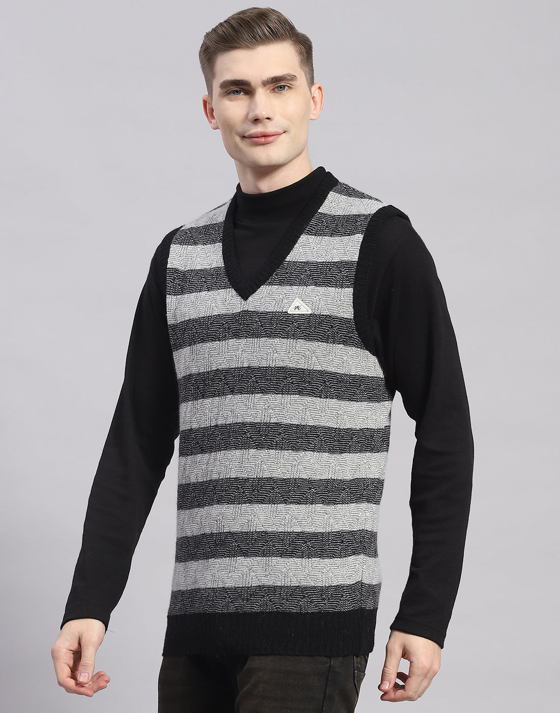 Men Grey Stripe V Neck Sleeveless Sweater