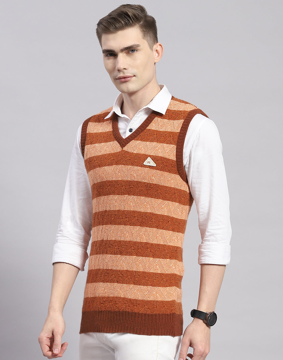 Men Rust Stripe V Neck Sleeveless Sweater