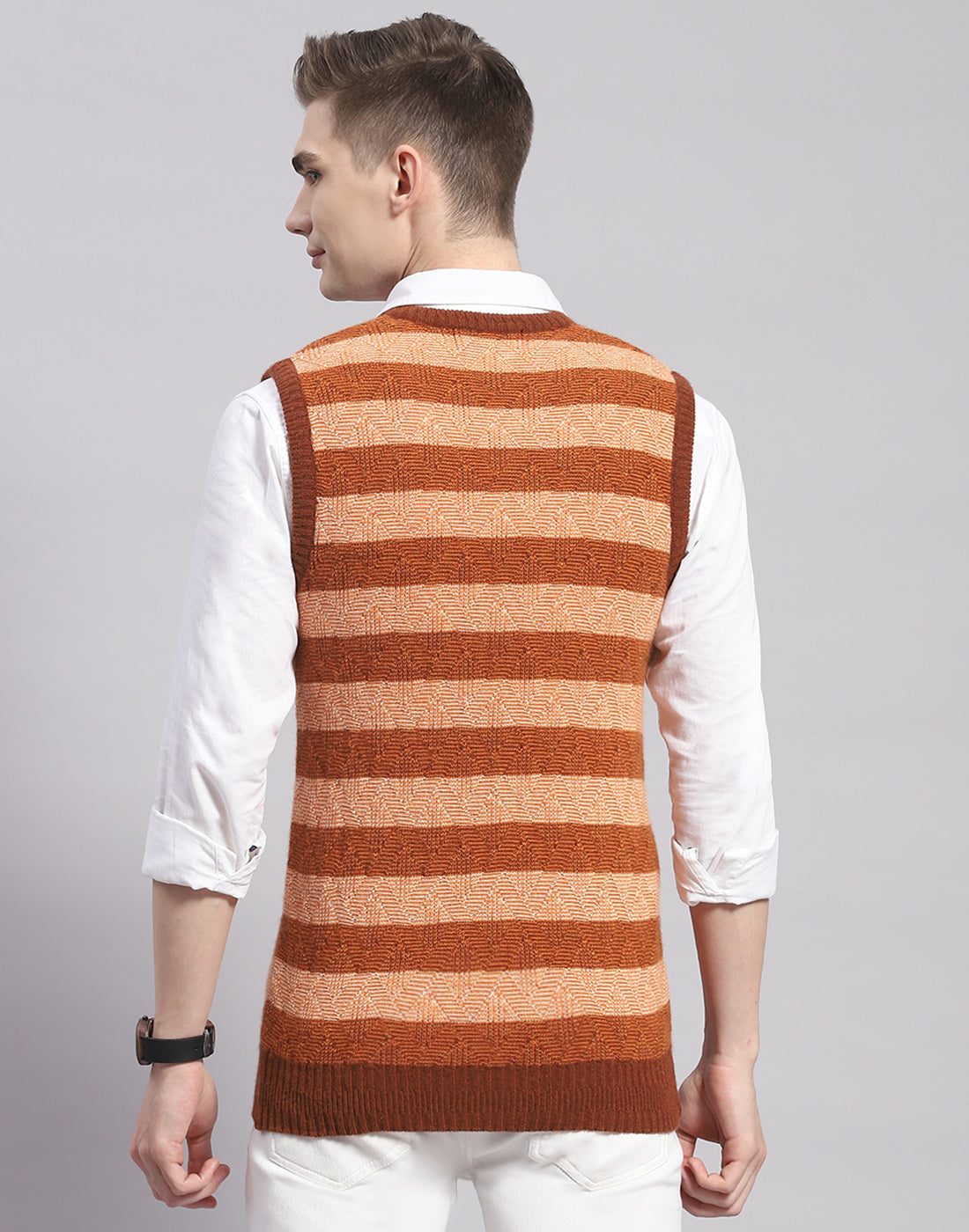 Men Rust Stripe V Neck Sleeveless Sweater