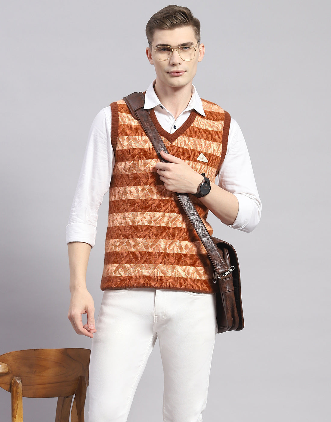 Men Rust Stripe V Neck Sleeveless Sweater