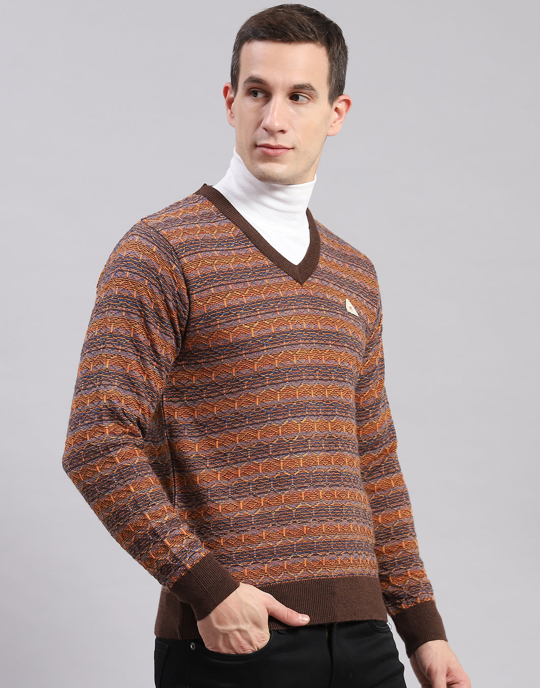 Men Brown Self Design V Neck Full Sleeve Sweaters/Pullovers