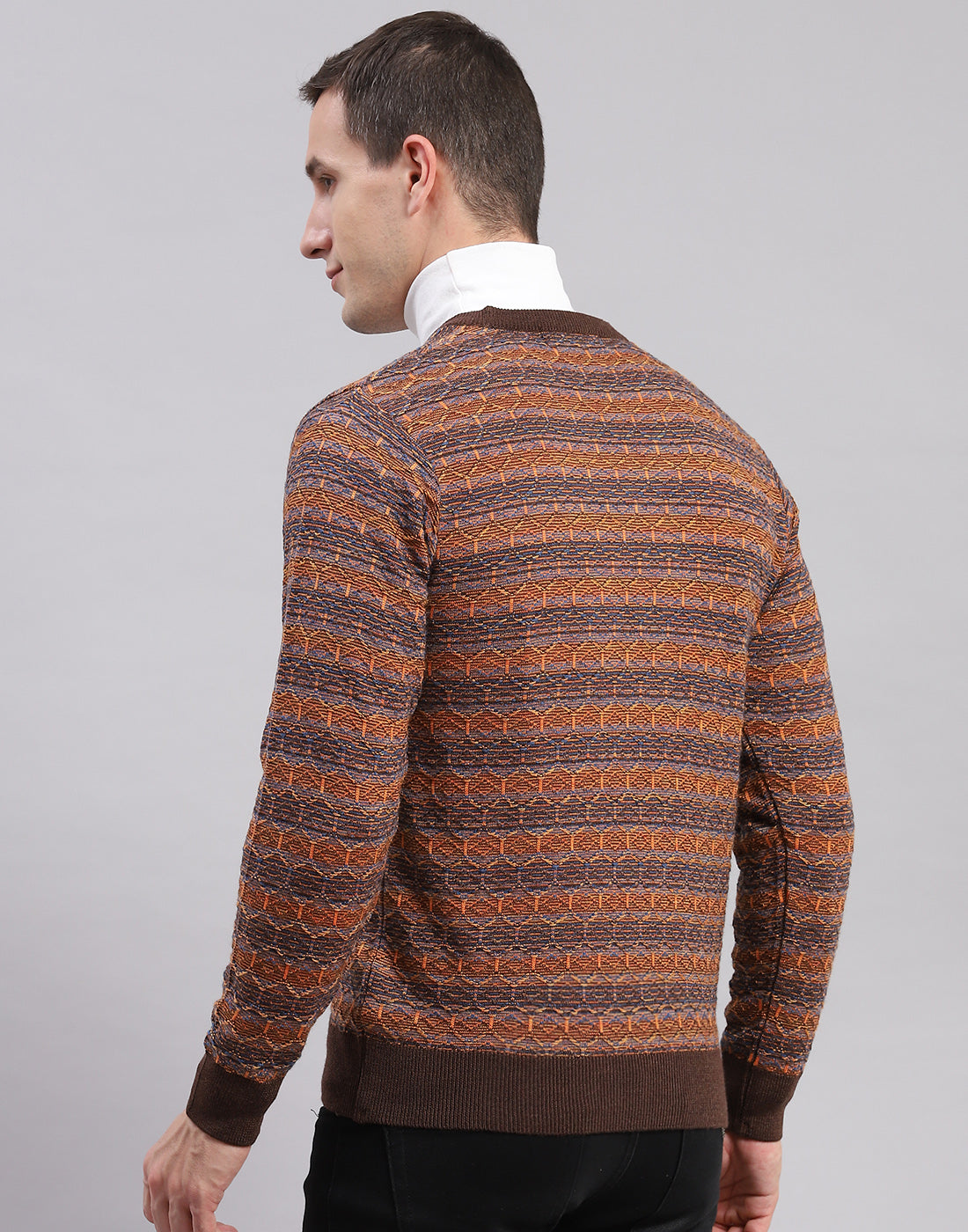 Men Brown Self Design V Neck Full Sleeve Sweaters/Pullovers