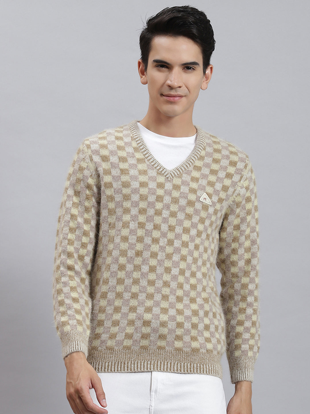 Men Brown Self Design V Neck Full Sleeve Sweaters/Pullovers