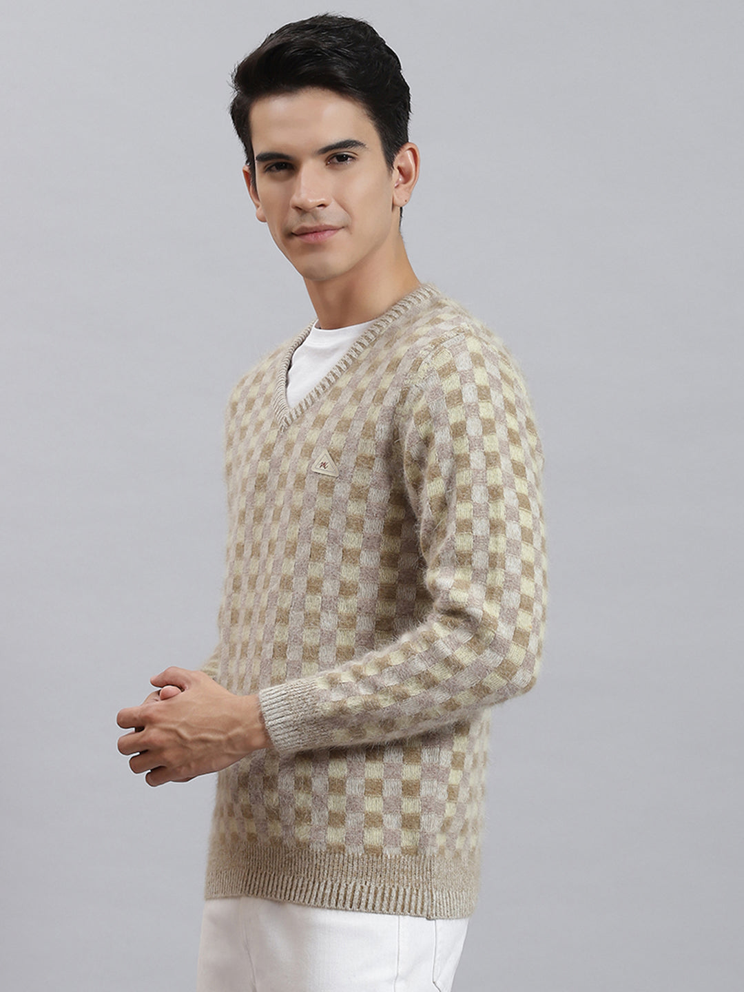 Men Brown Self Design V Neck Full Sleeve Sweaters/Pullovers