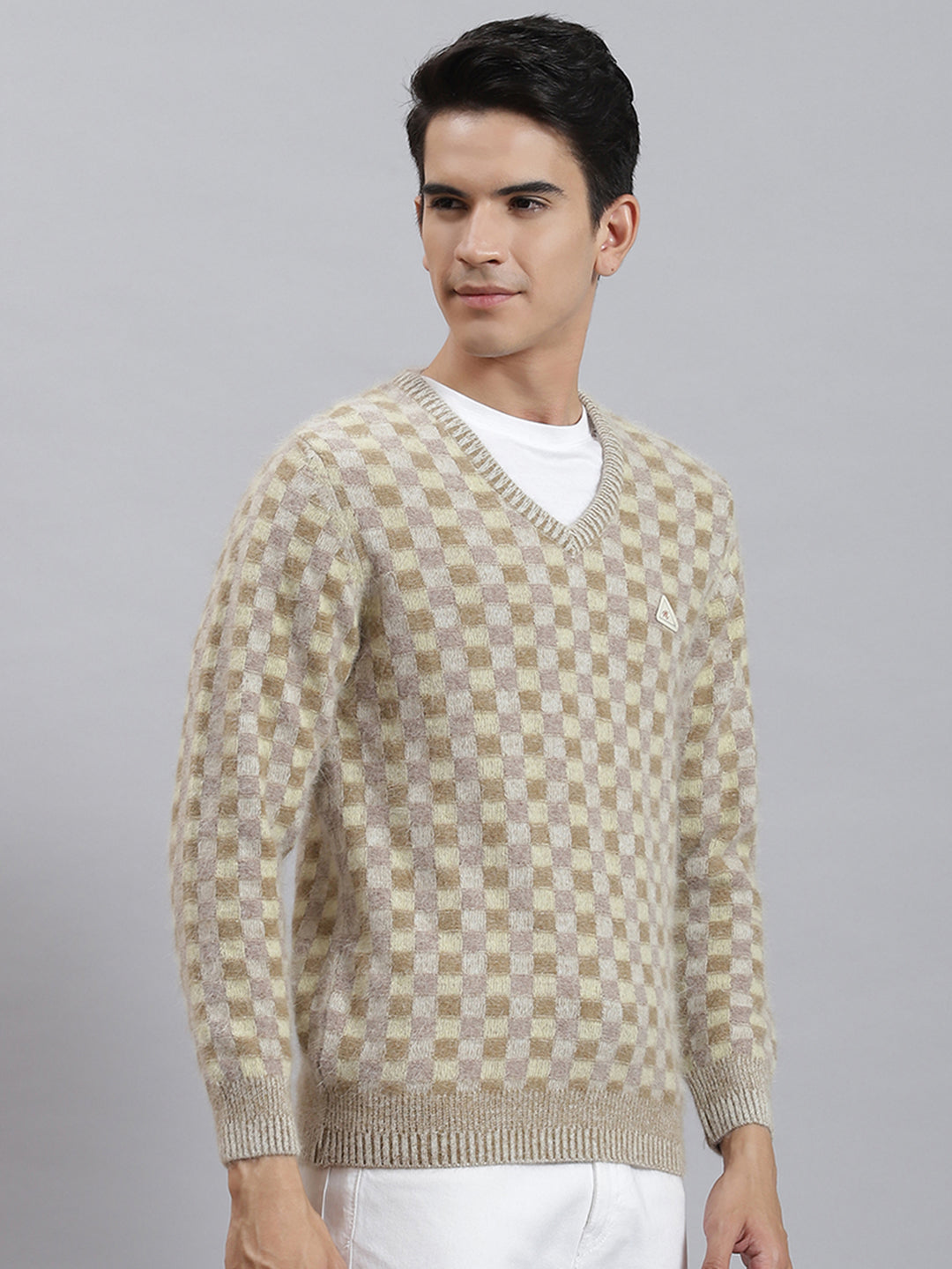 Men Brown Self Design V Neck Full Sleeve Sweaters/Pullovers