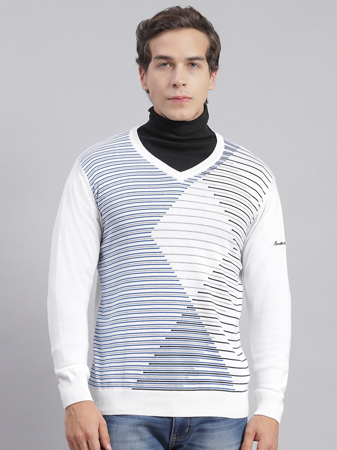 Men White Self Design V Neck Full Sleeve Sweaters/Pullovers