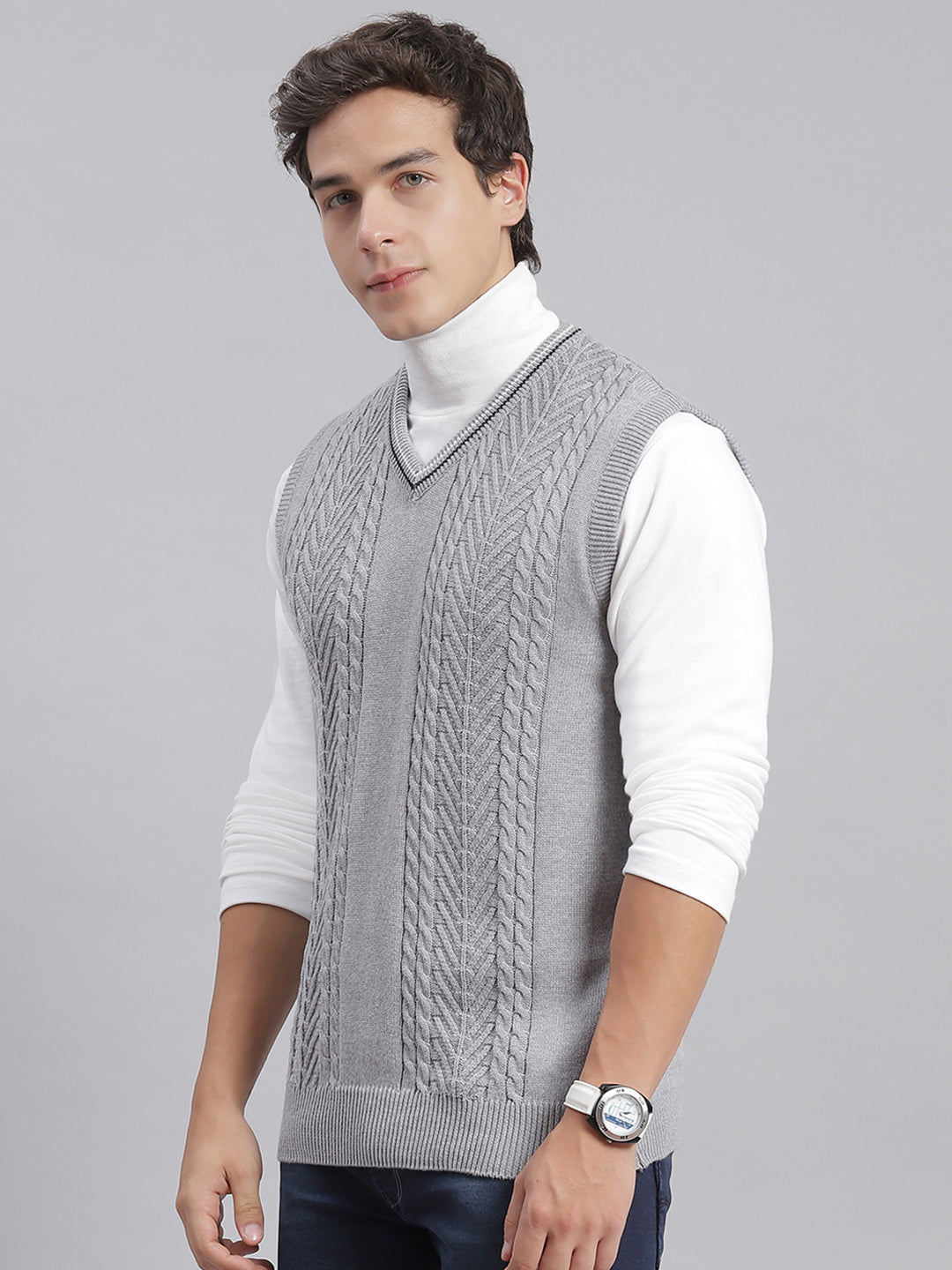 Men Grey Self Design V Neck Sleeveless Sweaters/Pullovers
