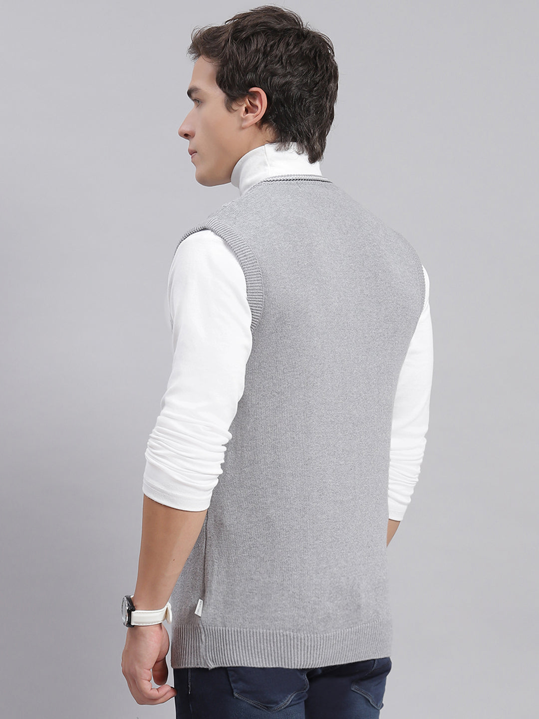 Men Grey Self Design V Neck Sleeveless Sweaters/Pullovers