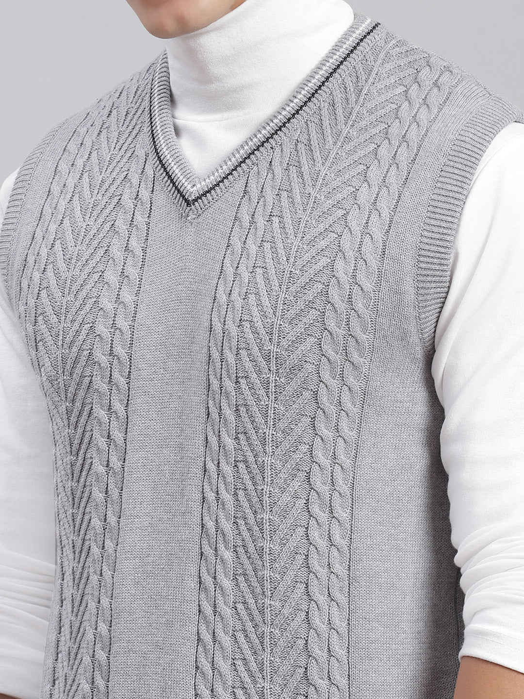 Men Grey Self Design V Neck Sleeveless Sweaters/Pullovers