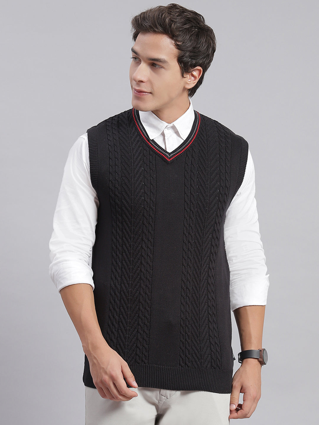 Men Black Self Design V Neck Sleeveless Sweaters/Pullovers