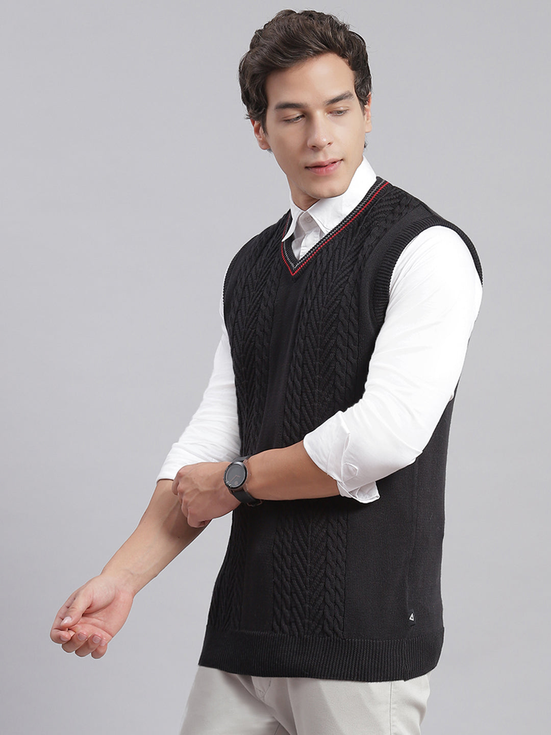 Men Black Self Design V Neck Sleeveless Sweaters/Pullovers