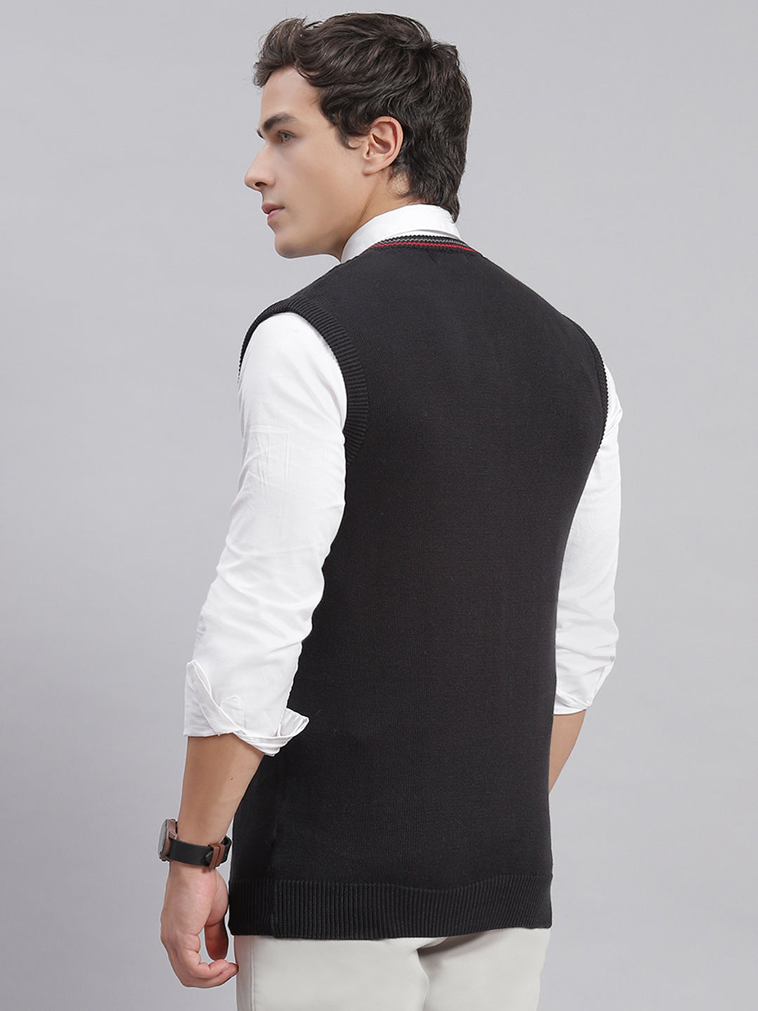 Men Black Self Design V Neck Sleeveless Sweaters/Pullovers