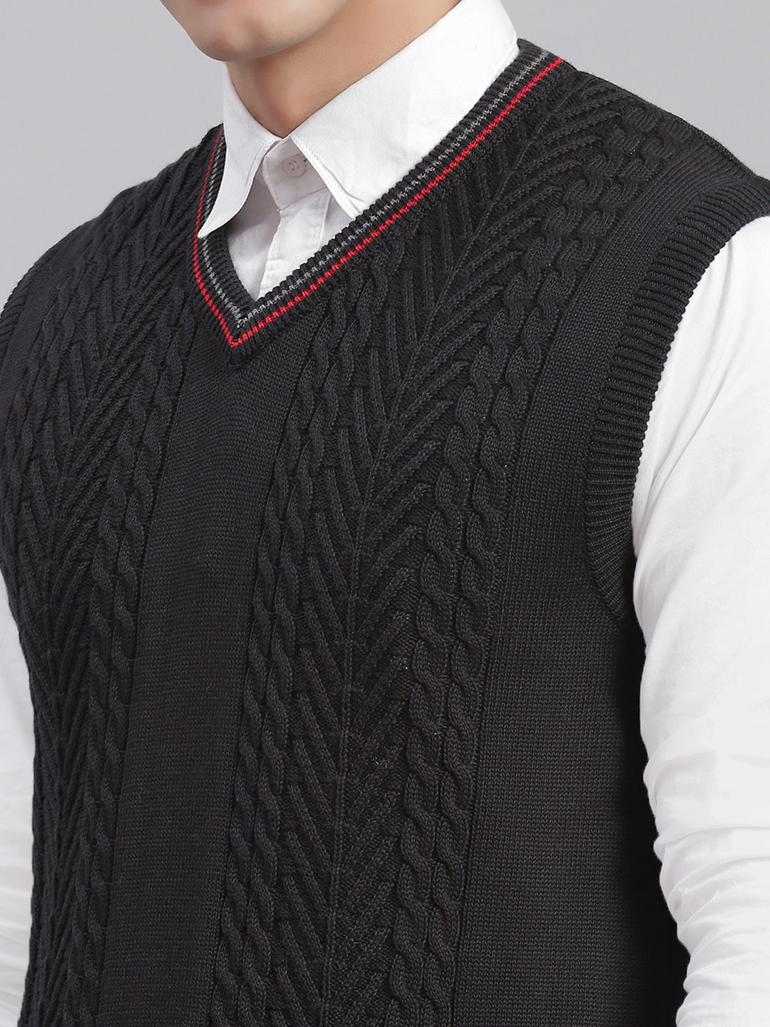 Men Black Self Design V Neck Sleeveless Sweaters/Pullovers