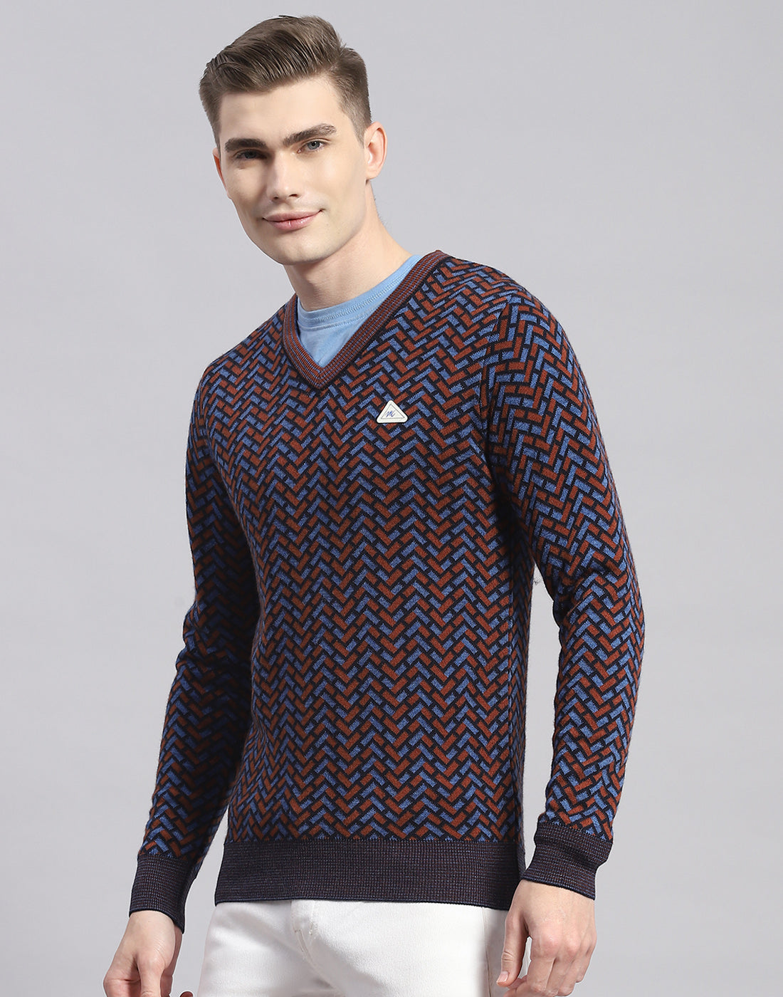 Men Brown Self Design V Neck Full Sleeve Pullover