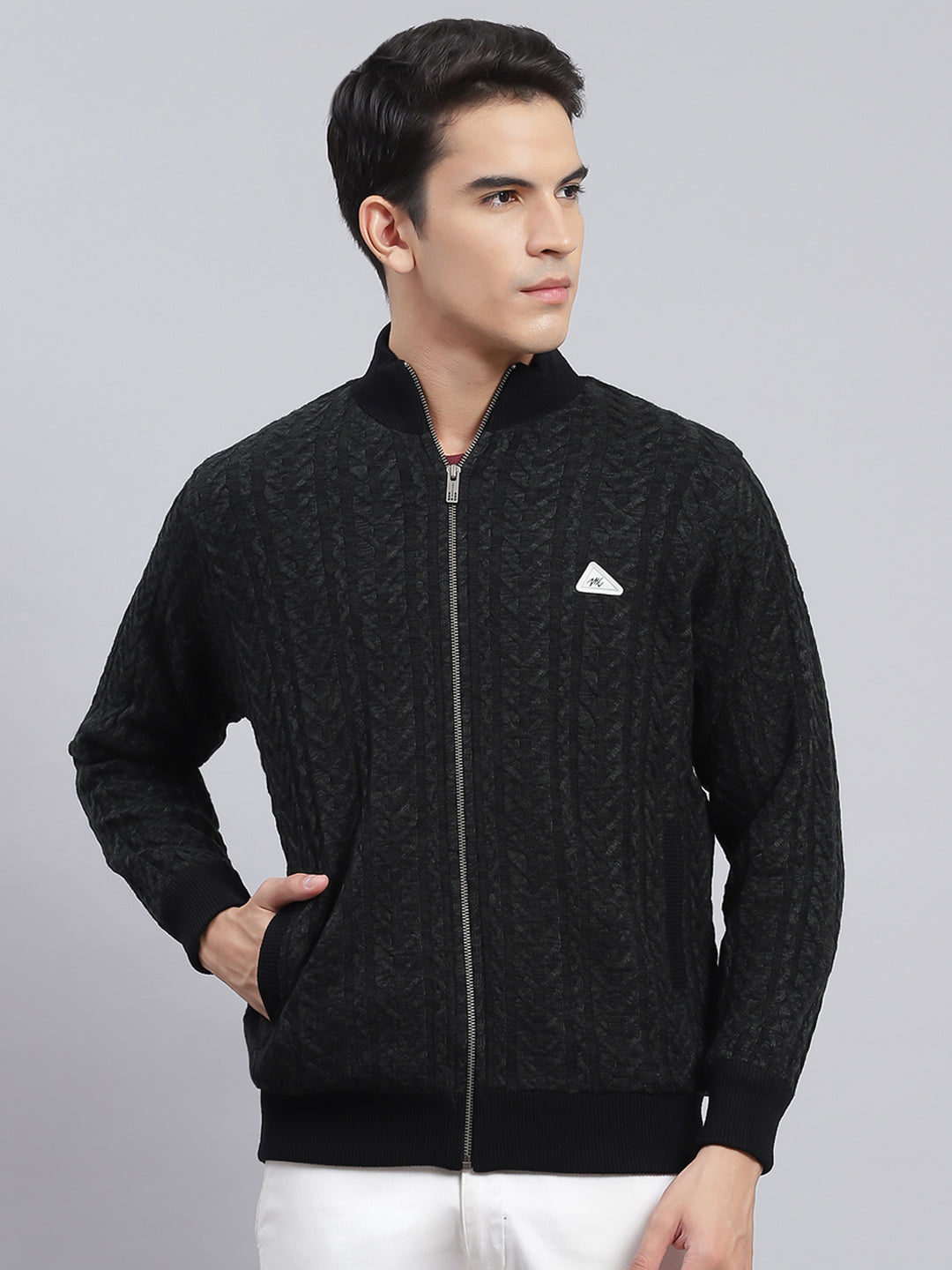 Men Black Self Design Wool blend Jacket