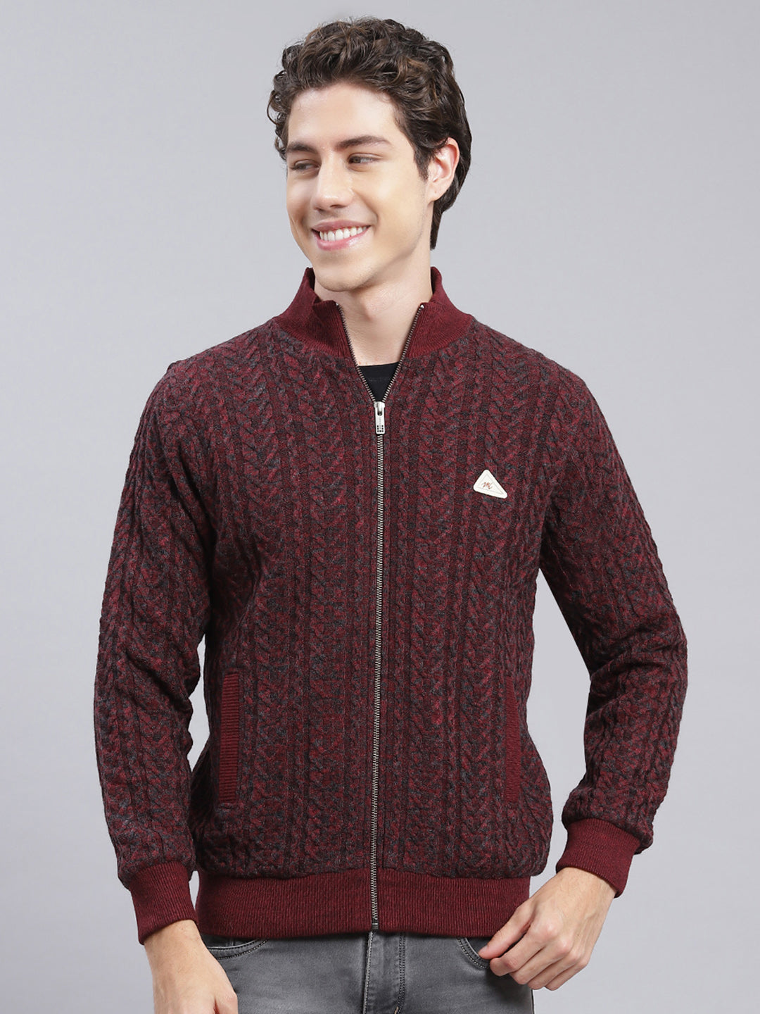 Men Maroon Self Design Wool blend Jacket