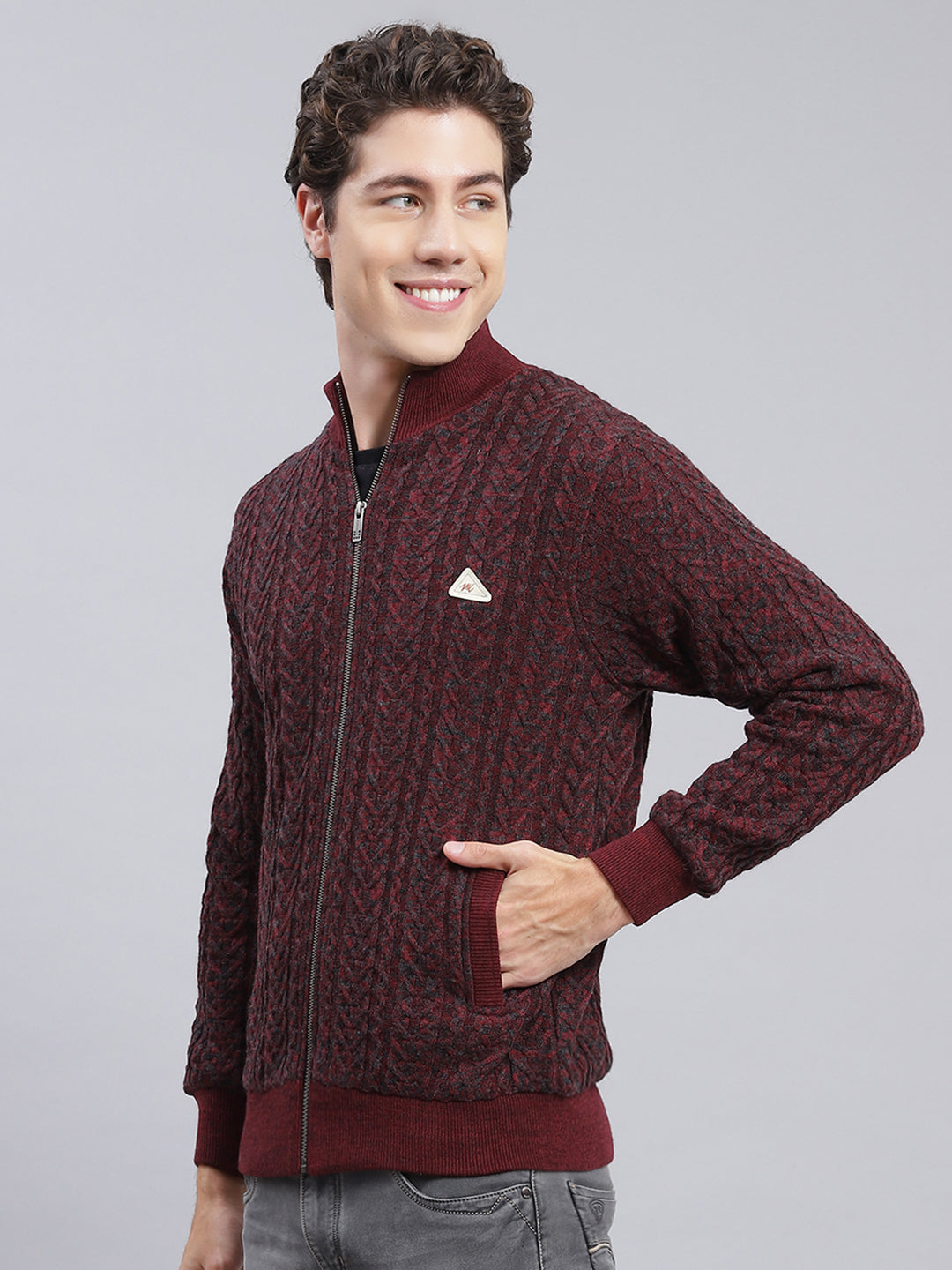 Men Maroon Self Design Wool blend Jacket