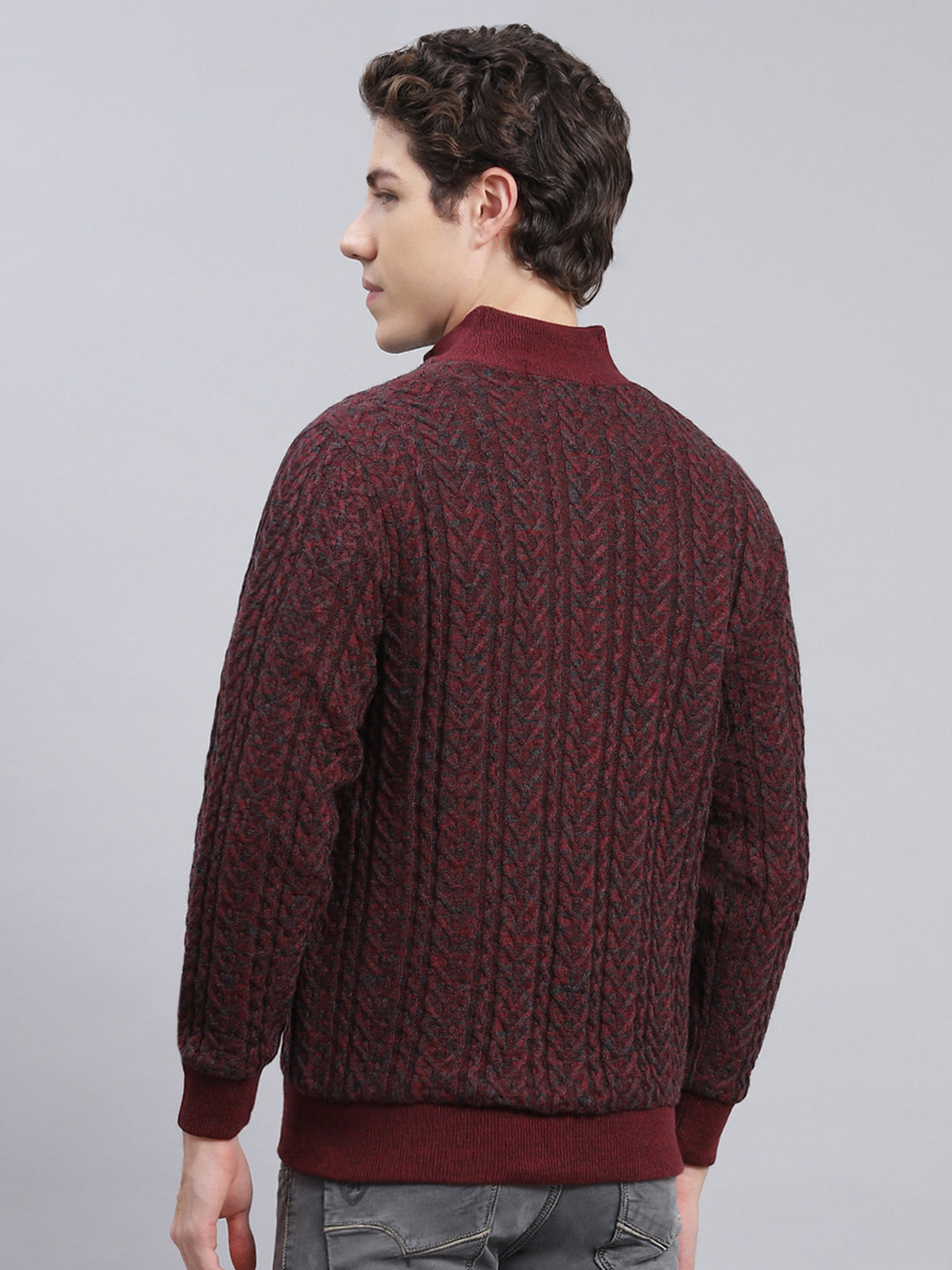 Men Maroon Self Design Wool blend Jacket