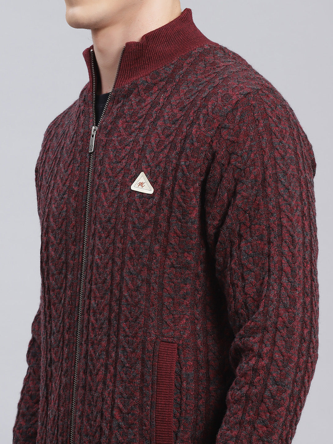 Men Maroon Self Design Wool blend Jacket