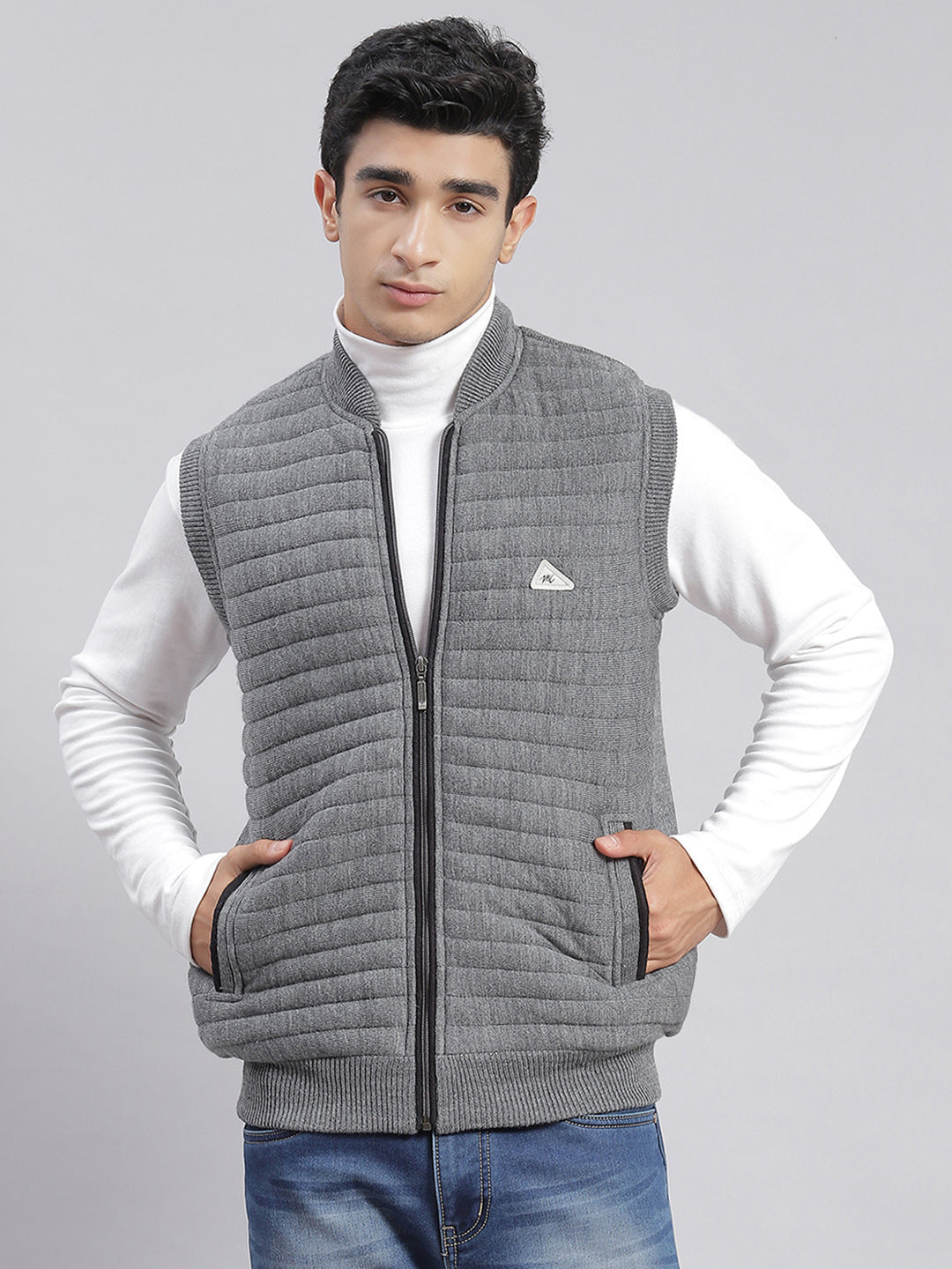 Men Grey Solid T Neck Sleeveless Jackets