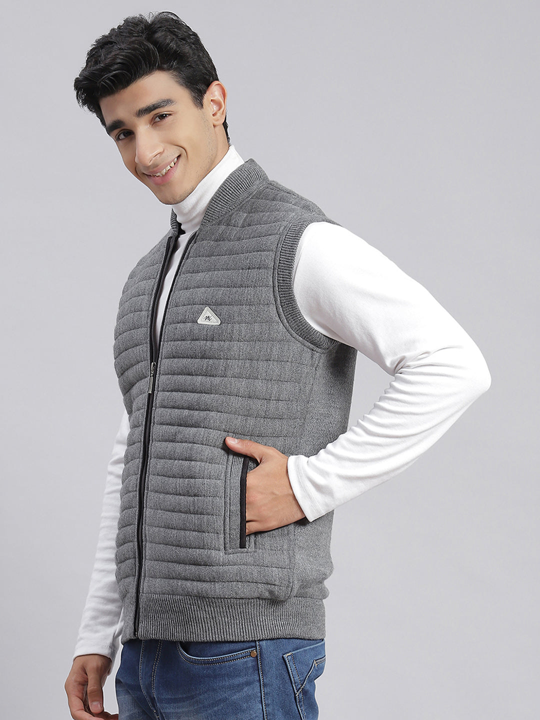 Men Grey Solid T Neck Sleeveless Jackets