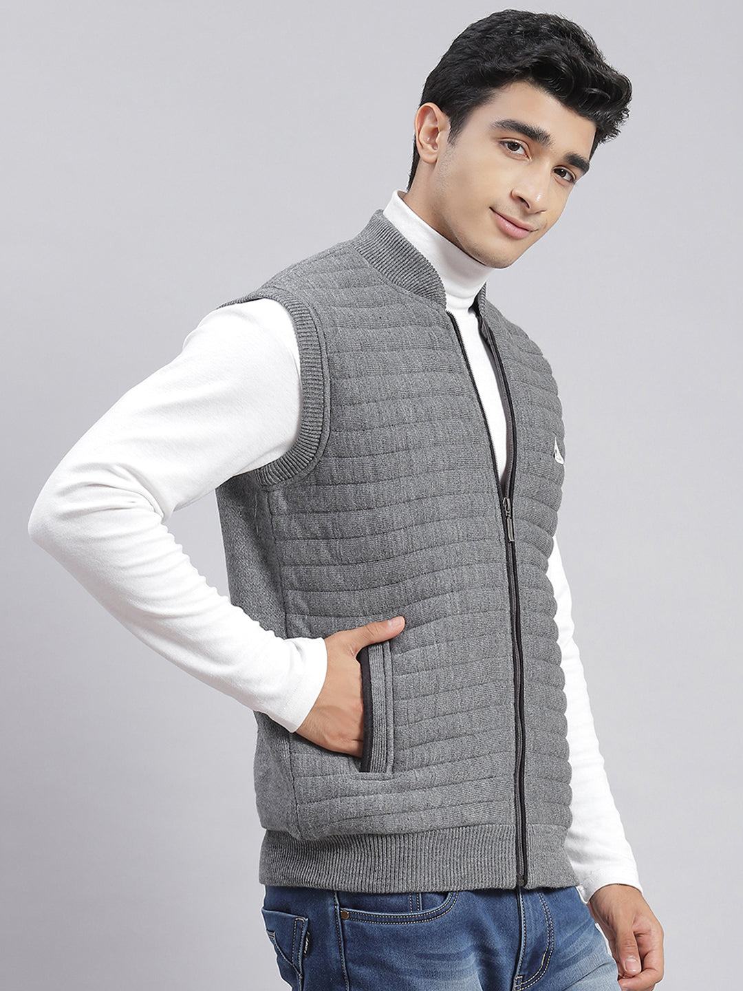 Men Grey Solid T Neck Sleeveless Jackets